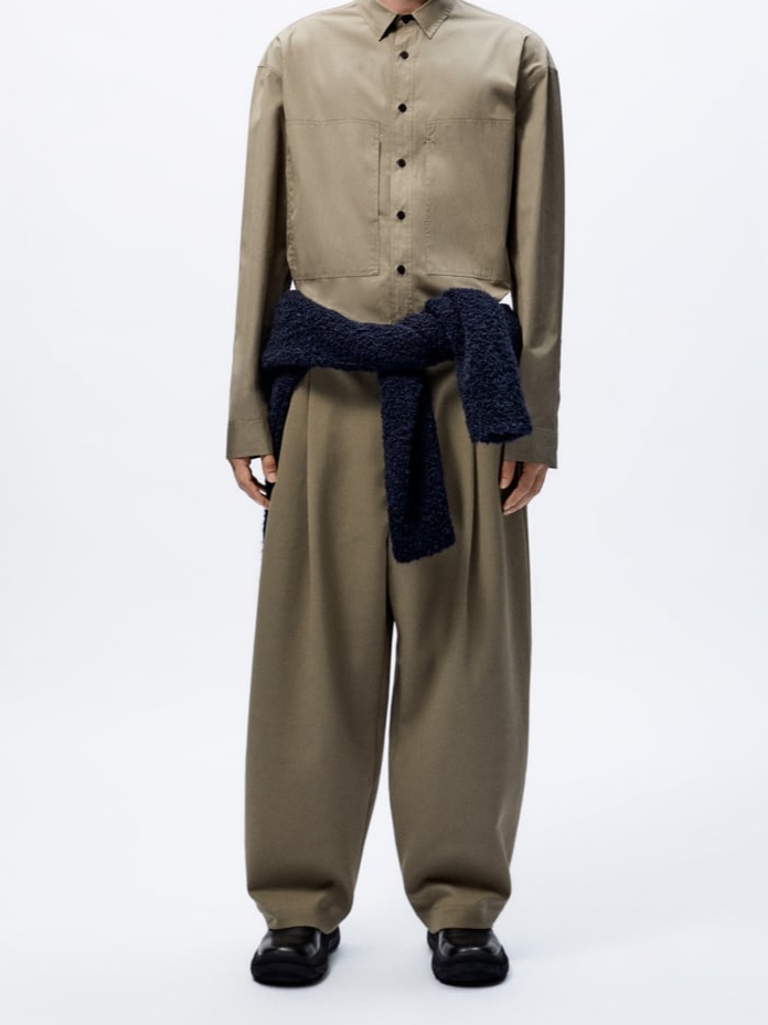 Zara x Studio Nicholson Tuck Detailed Pants Brown Taupe 착용 스타일