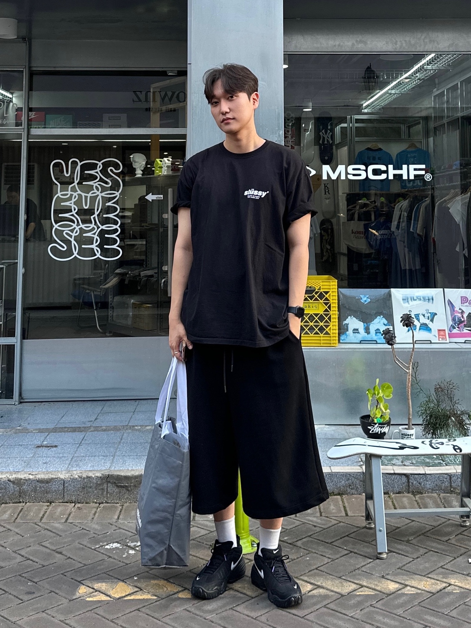 Nike x Ambush Air Adjust Force SP Black and Psychic Purple, Stussy Gumball T-Shirt Black 착용 스타일 - 1