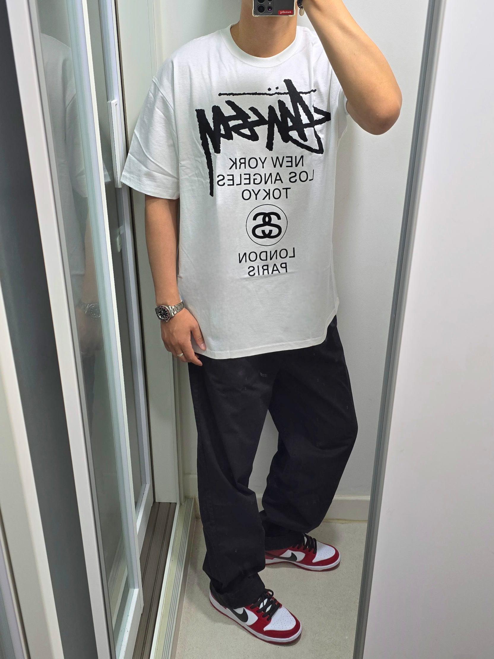 Nike SB Dunk Low Pro Chicago, Stussy World Tour T-Shirt White 2024,2025 착용 스타일