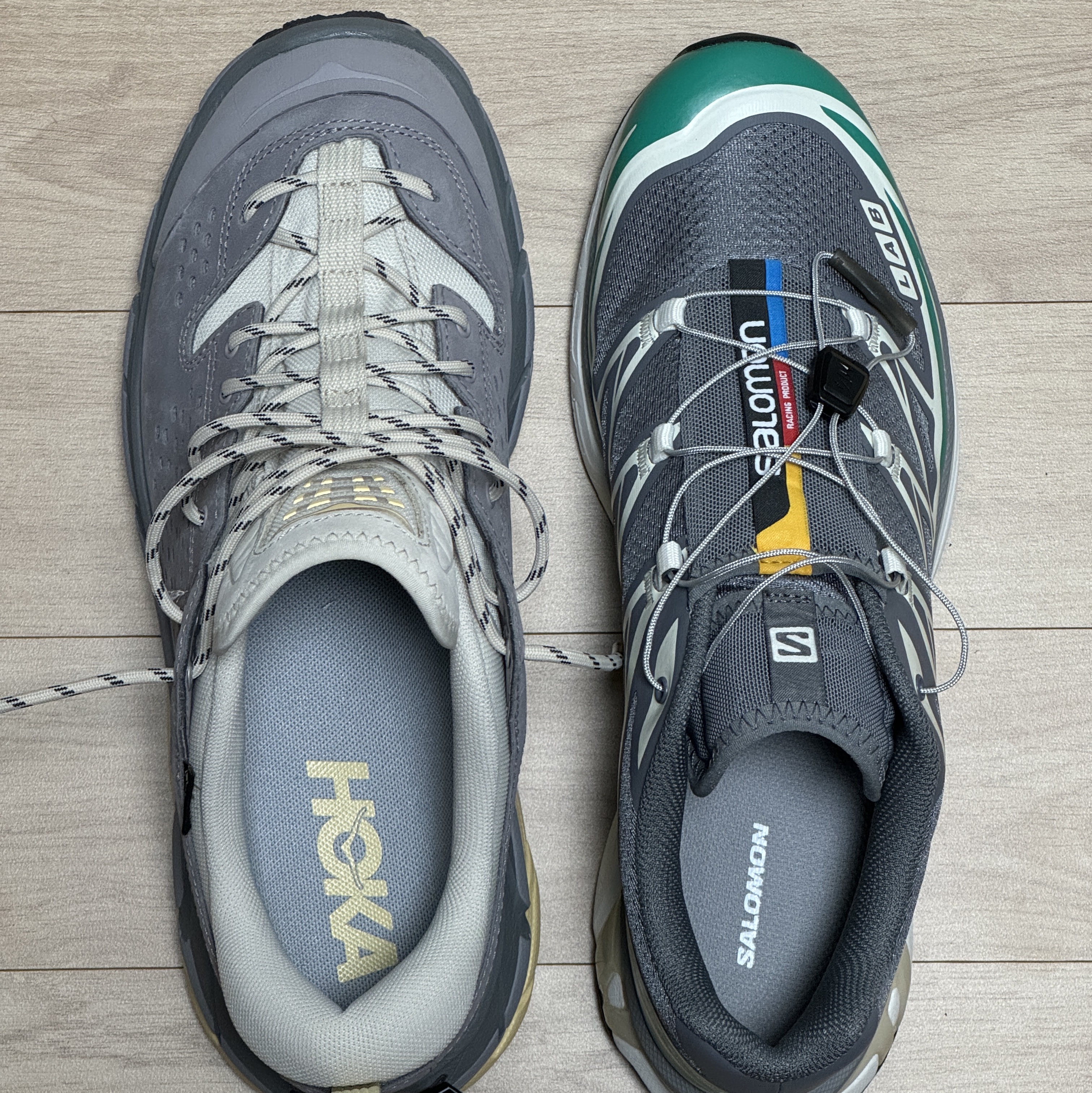Hoka Tor Ultra Low Oat Milk Opal, Salomon XT-6 Quiet Shade Deep Green 착용 스타일