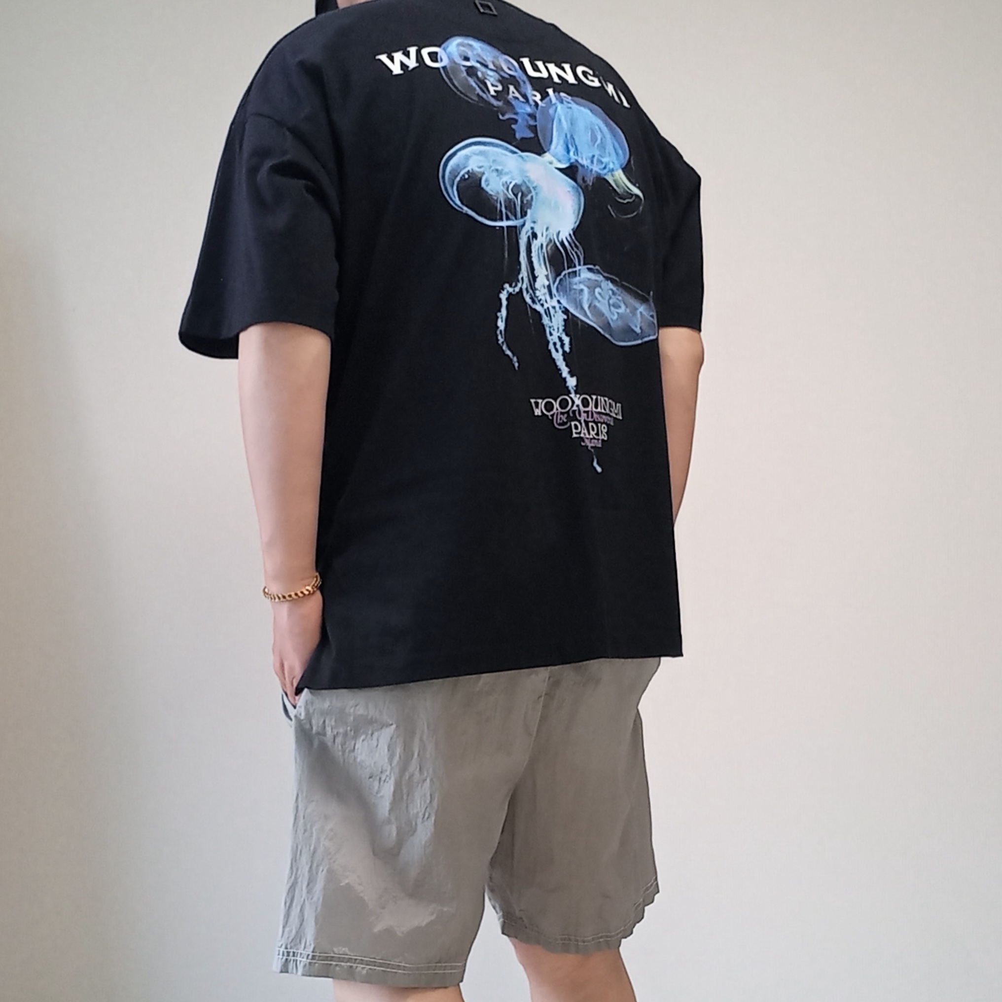 (W) Celine Triomphe Baseball Cap in Cotton Black, Wooyoungmi Luminous Jellyfish Back Logo T-Shirt Black - 24SS 착용 스타일 - 2