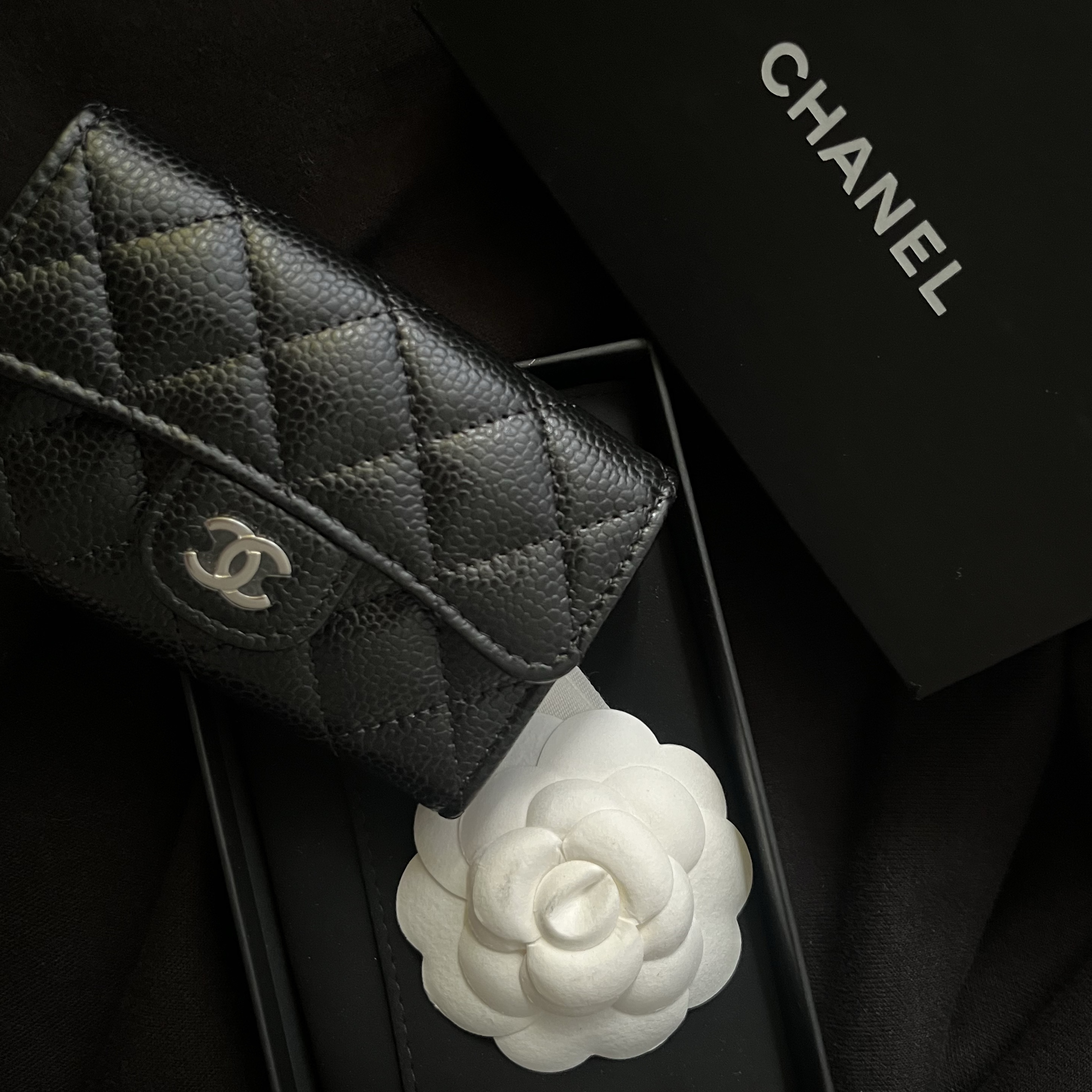 Chanel Classic Card Holder Grained Calfskin & Silver Black 착용 스타일