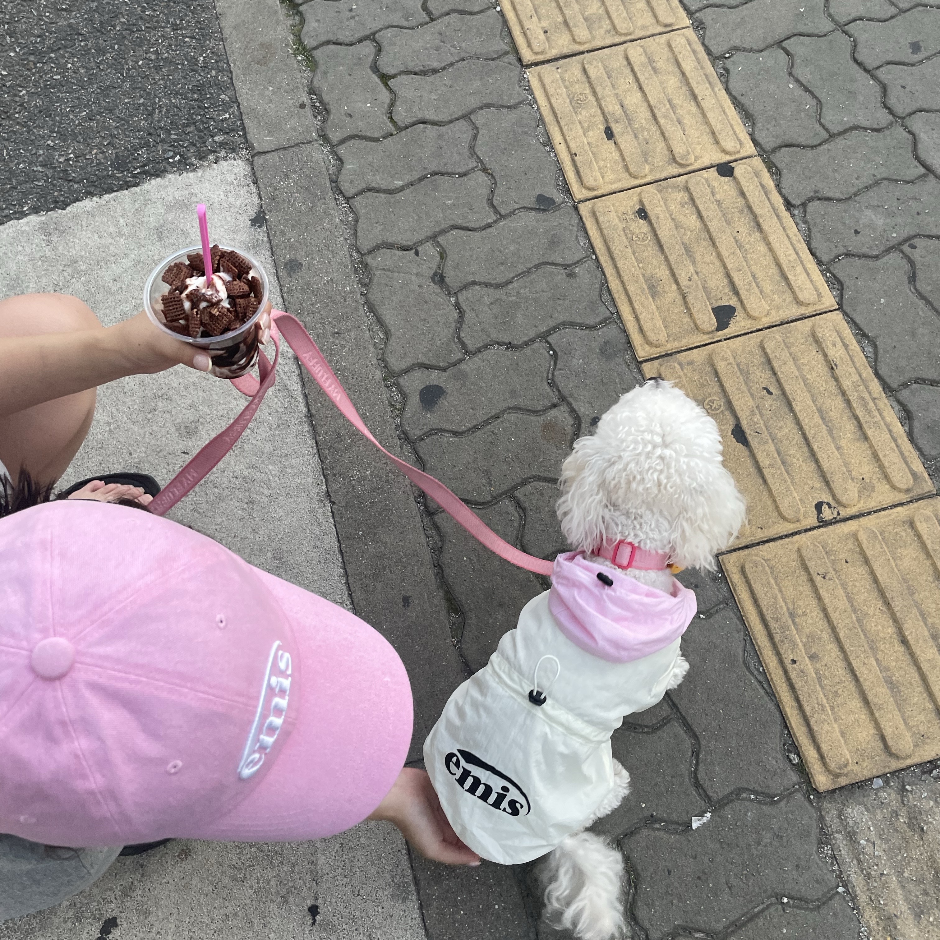 Emis New Logo Pigment Ball Cap Pink 착용 스타일