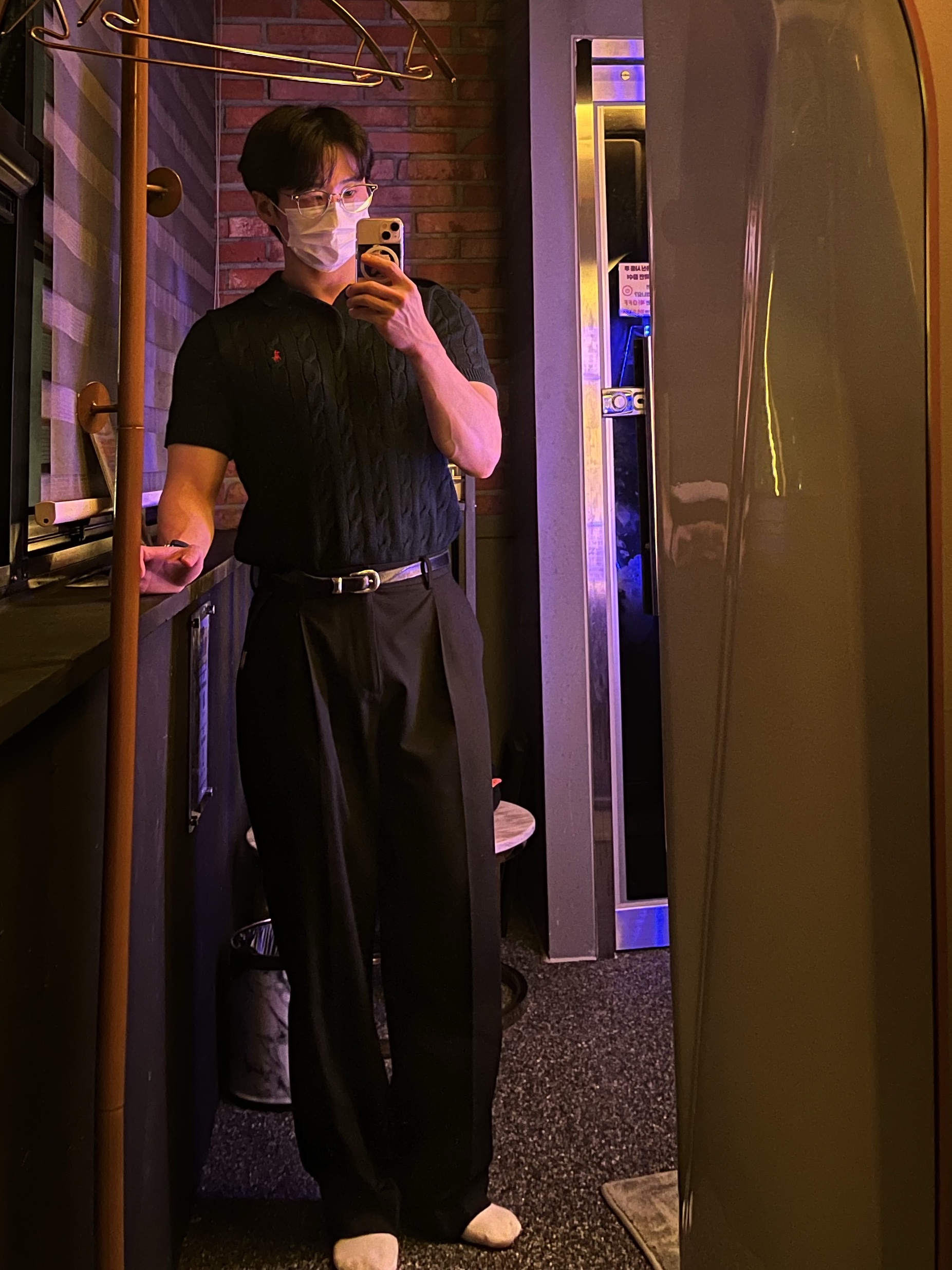 Polo Ralph Lauren Custom Slim Fit Mesh Polo Shirt Black, Our Legacy Belt 2cm Leather Black 착용 스타일