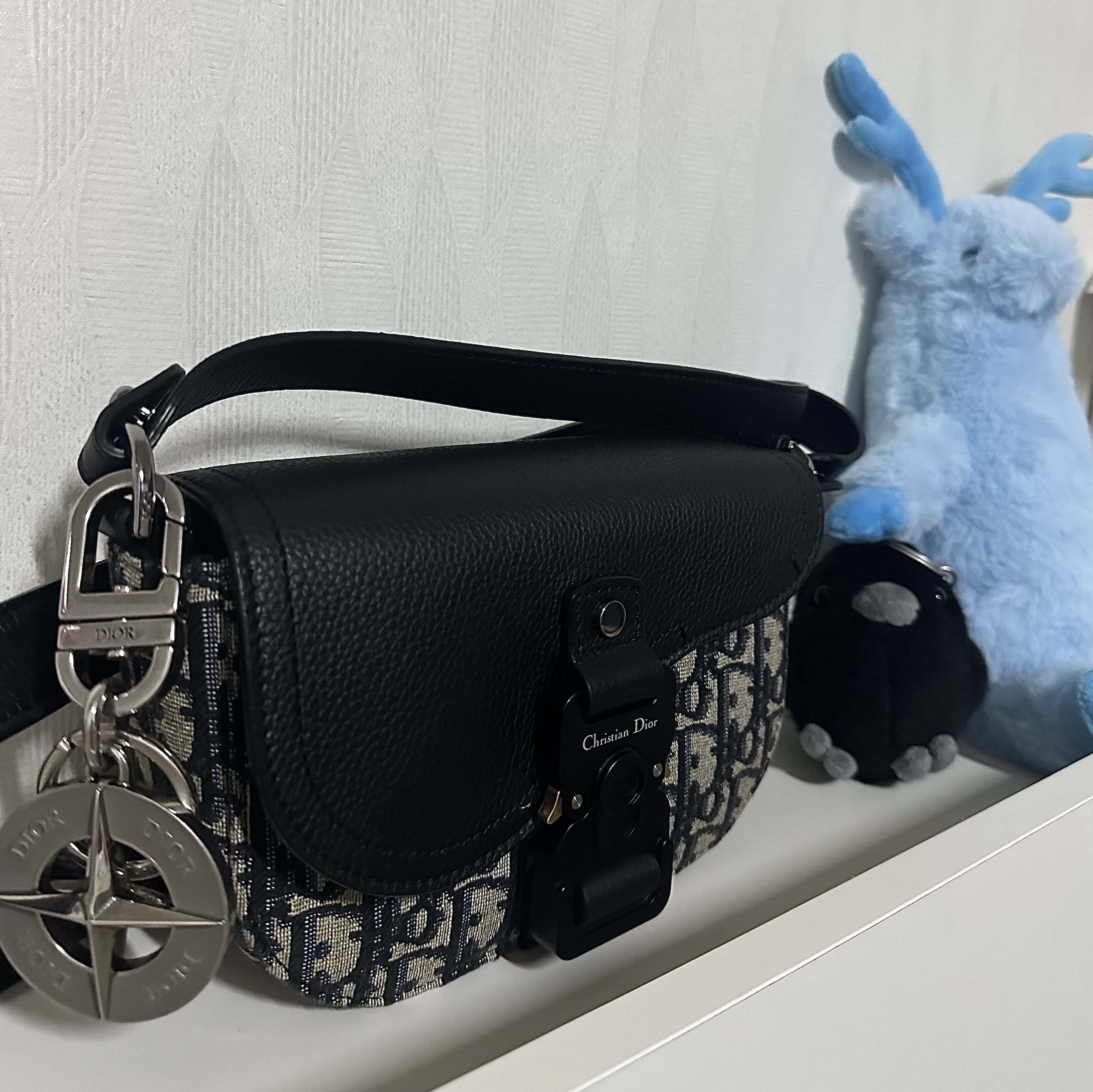 Dior x Stone Island Key Ring Palladium Finish Brass and Gray Enamel, Dior Saddle Pouch with Strap Grained Calfskin Beige & Black Dior Oblique Jacquard Black 착용 스타일 - 3