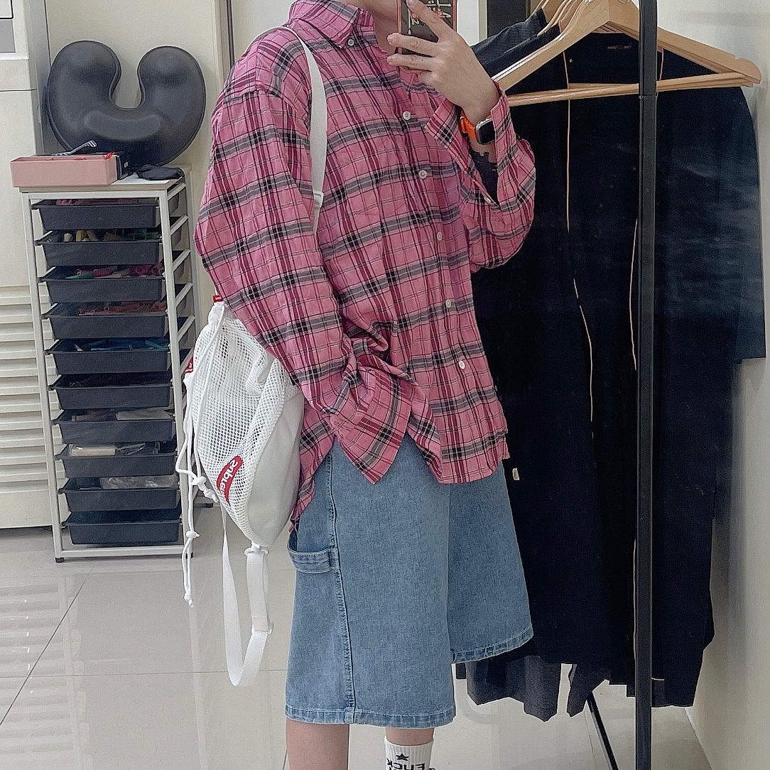 Our Legacy Borrowed BD Shirt Cerise Memory Check, Supreme Mesh Small Backpack White - 23SS 착용 스타일