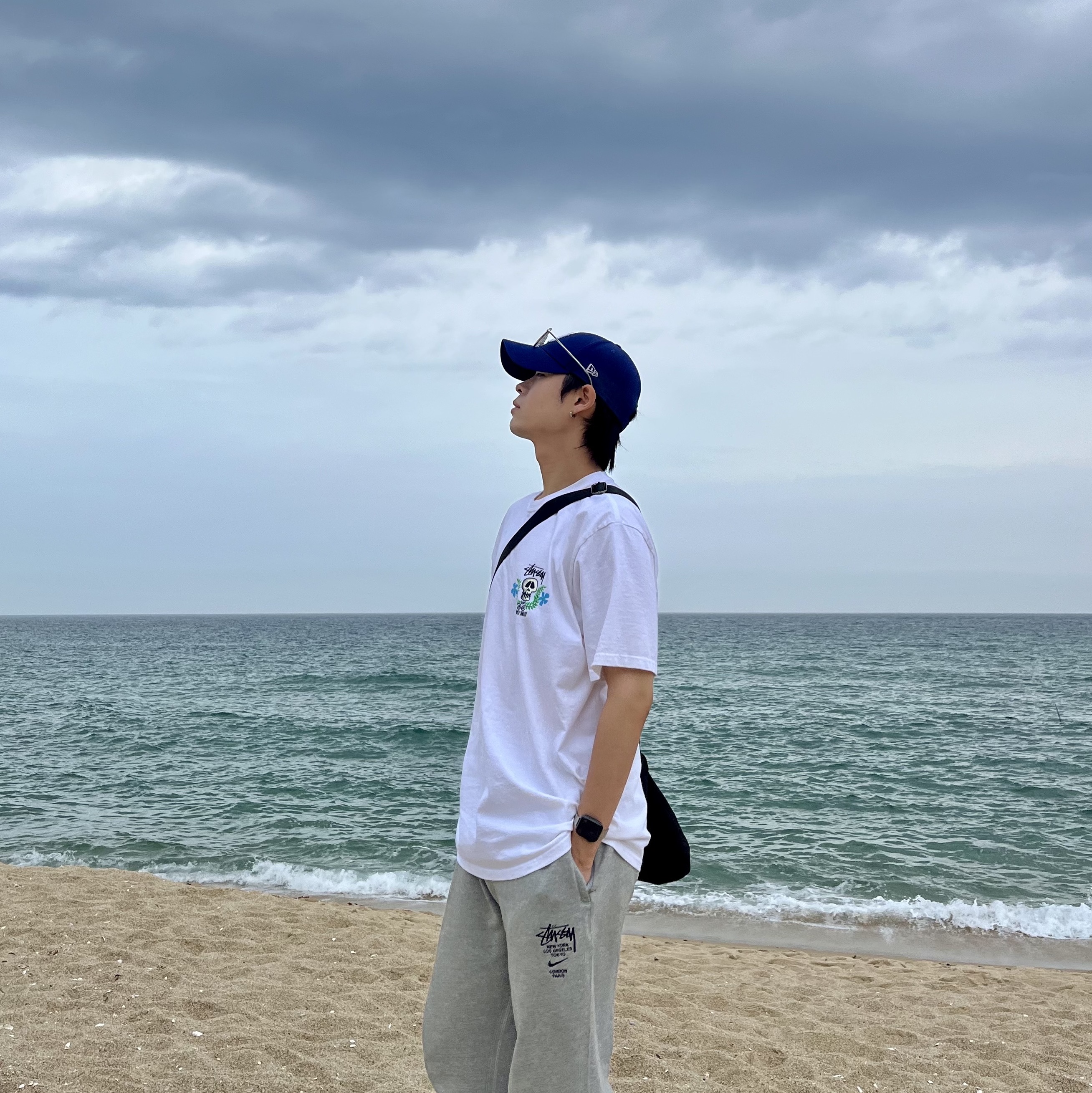 Stussy Skull Crest T-Shirt White, Nike x Stussy NRG ZR Fleece Pants Heather Grey - Asia 착용 스타일