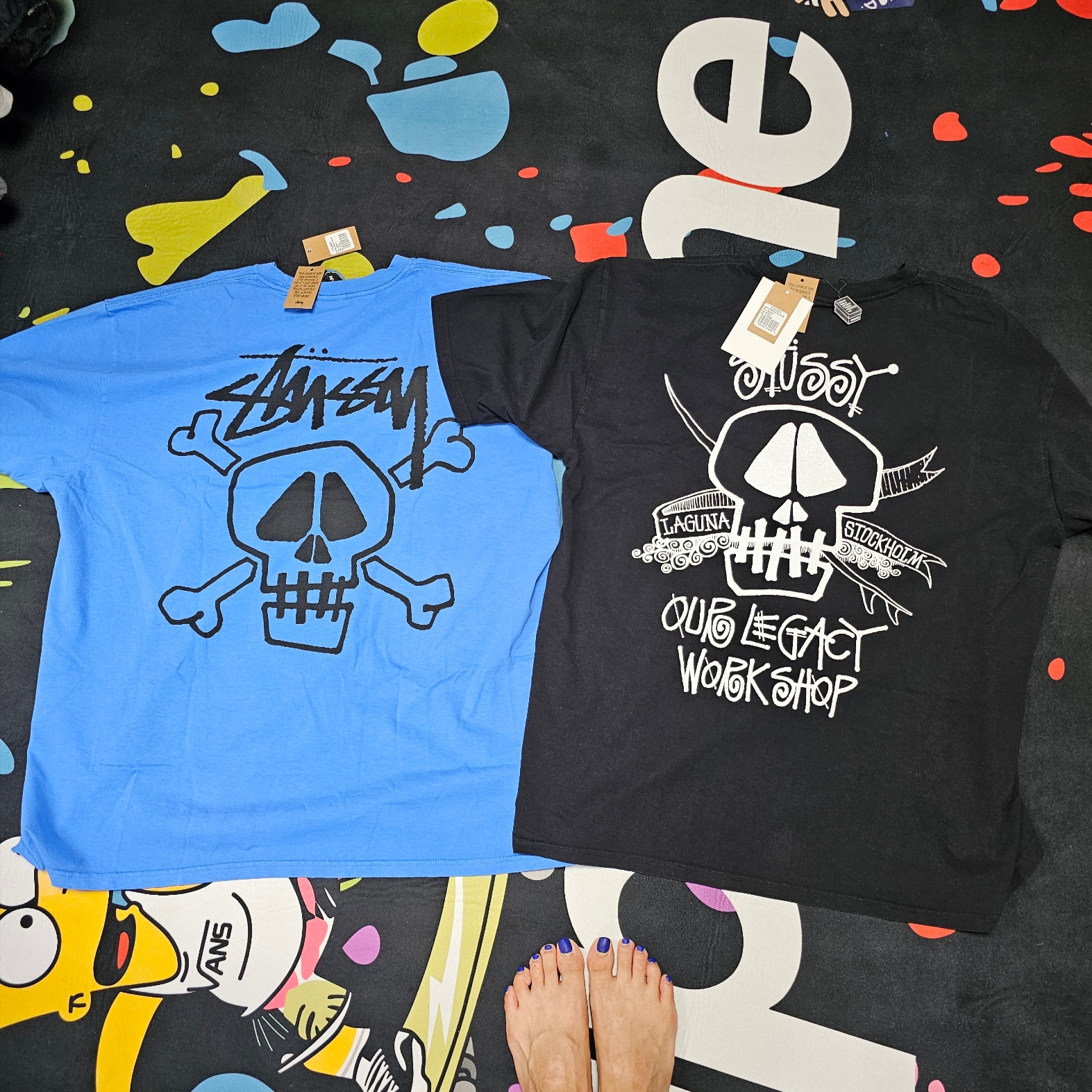 Stussy x Our Legacy Work Shop Surf Skull Pigment Dyed T-Shirt Black, Stussy Skull & Bones Pigment Dyed T-Shirt Blue 착용 스타일