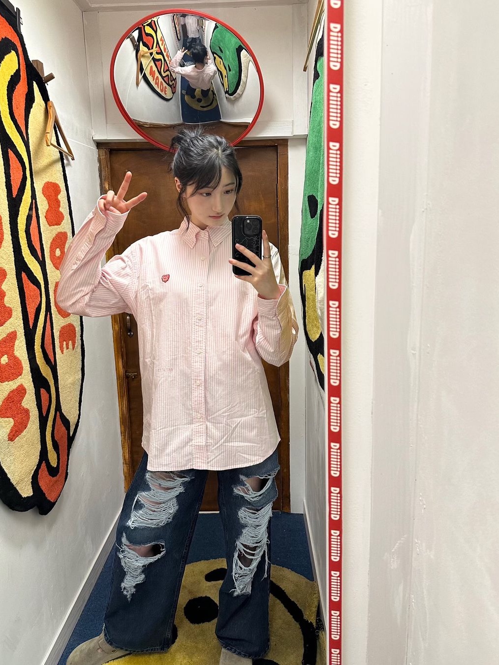 Human Made Stripe Oxford BD Shirt Pink 착용 스타일 - 1