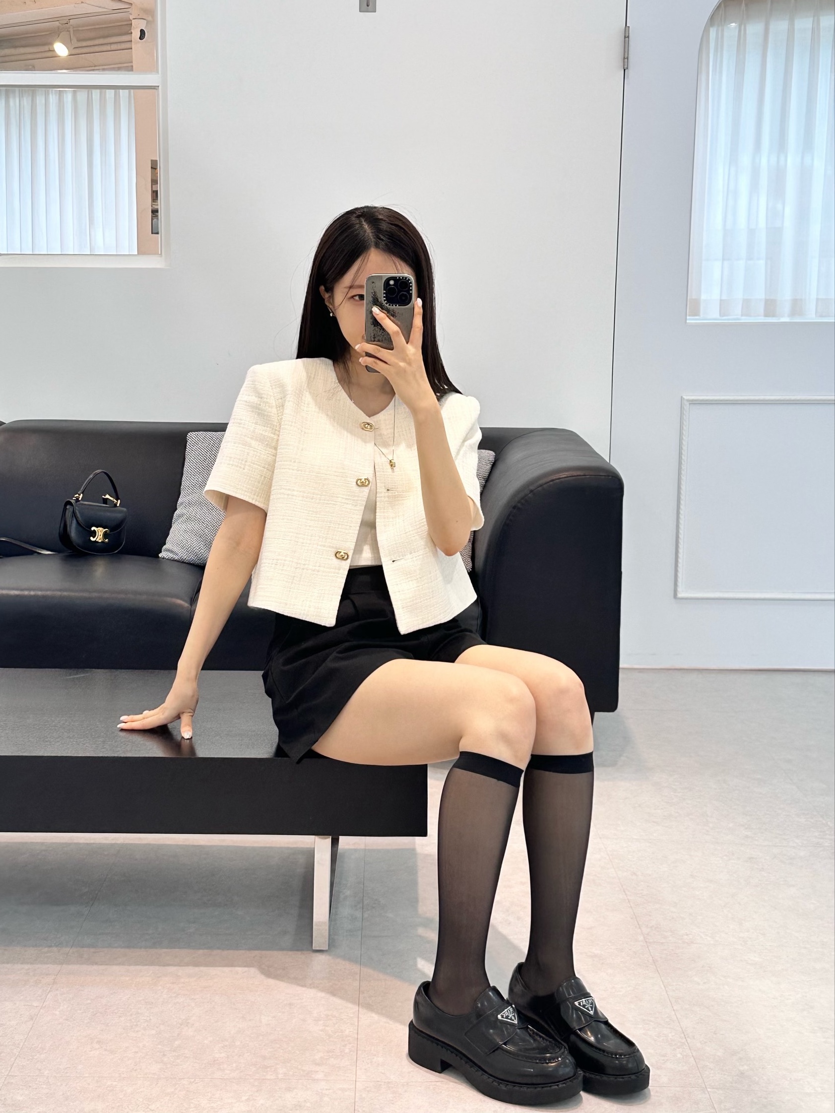 Prada Chocolate Brushed Leather Loafers Black, Celine Mini Besace Clea in Lizard Black 착용 스타일