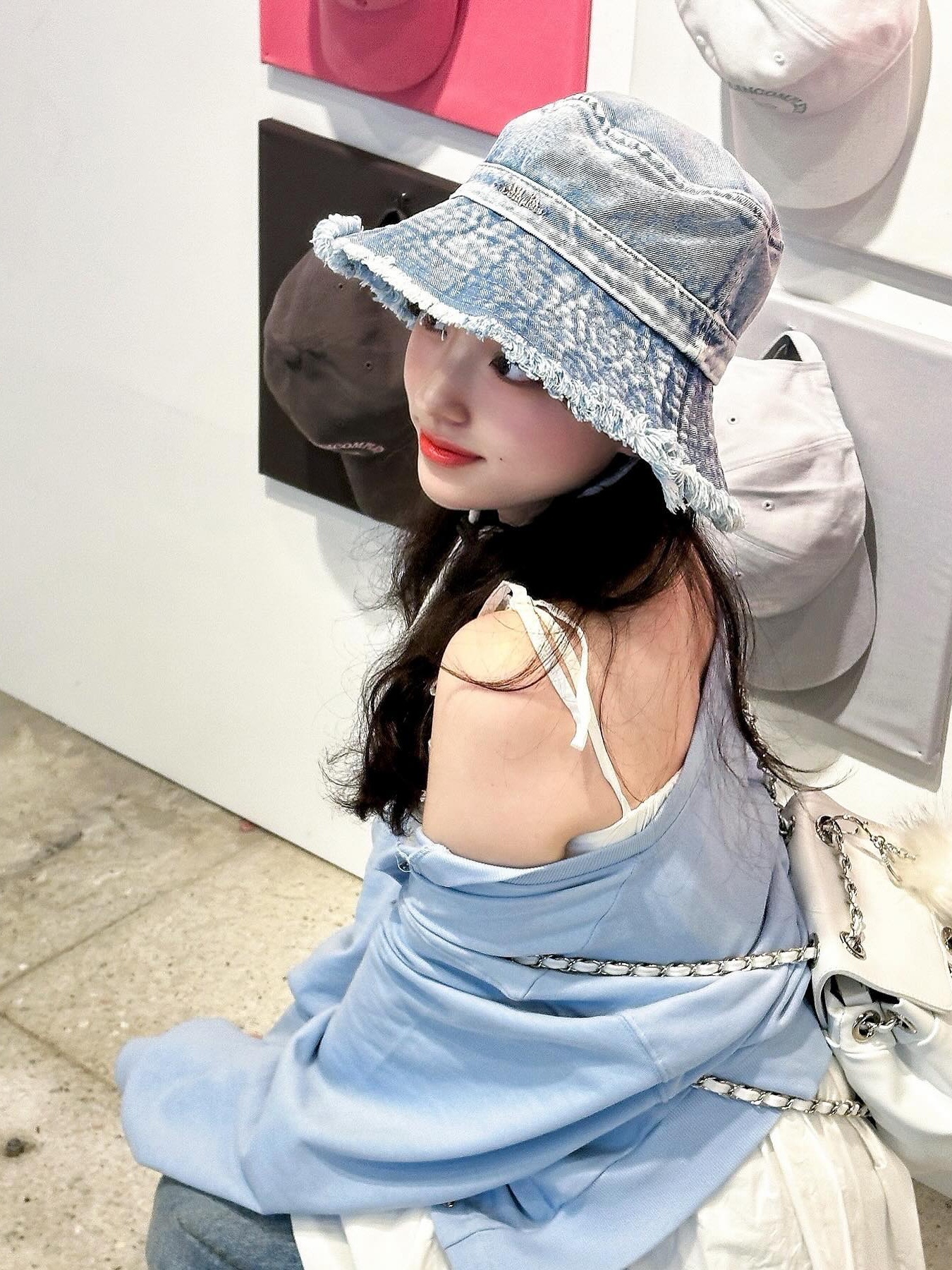Allincomplete Denim Bleaching Safari Hat Blue Denim 착용 스타일 - 1