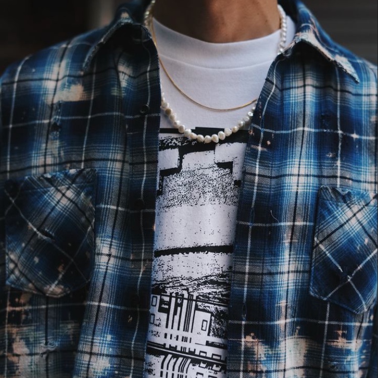 Rafu Bleached Damaged Shirt Blue 착용 스타일 - 4