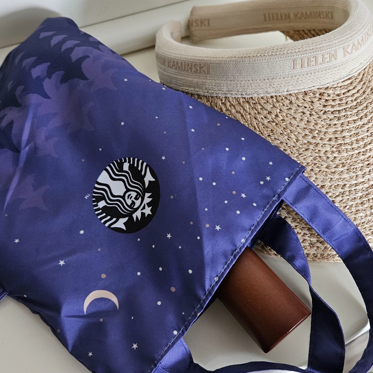 Starbucks 21 Summer Sunset Umbrella Purple, (W) Helen Kaminski Bianca Nougat Natural Logo 착용 스타일 - 1