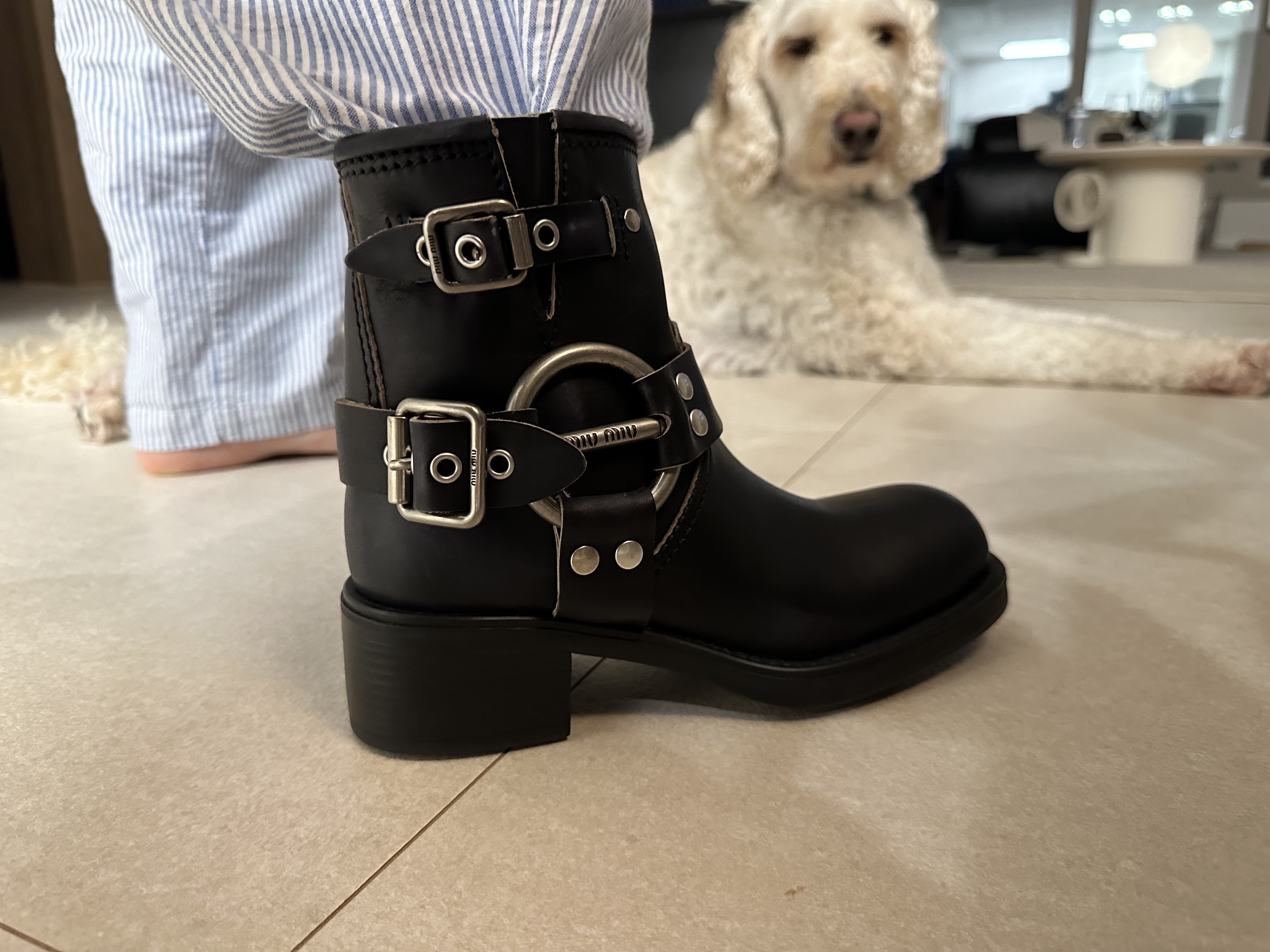 (W) Miu Miu Vintage-look leather Boots Black 착용 스타일 - 5