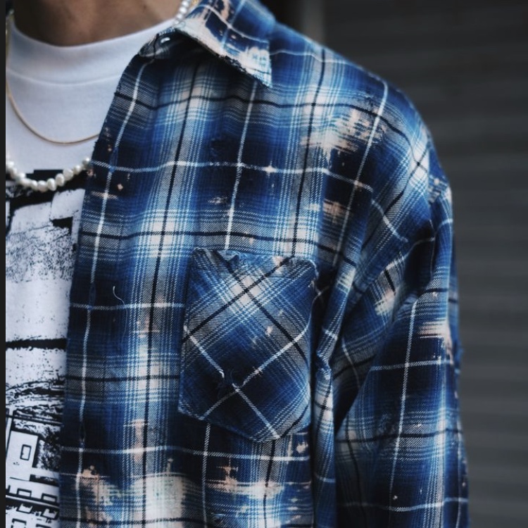 Rafu Bleached Damaged Shirt Blue 착용 스타일 - 5