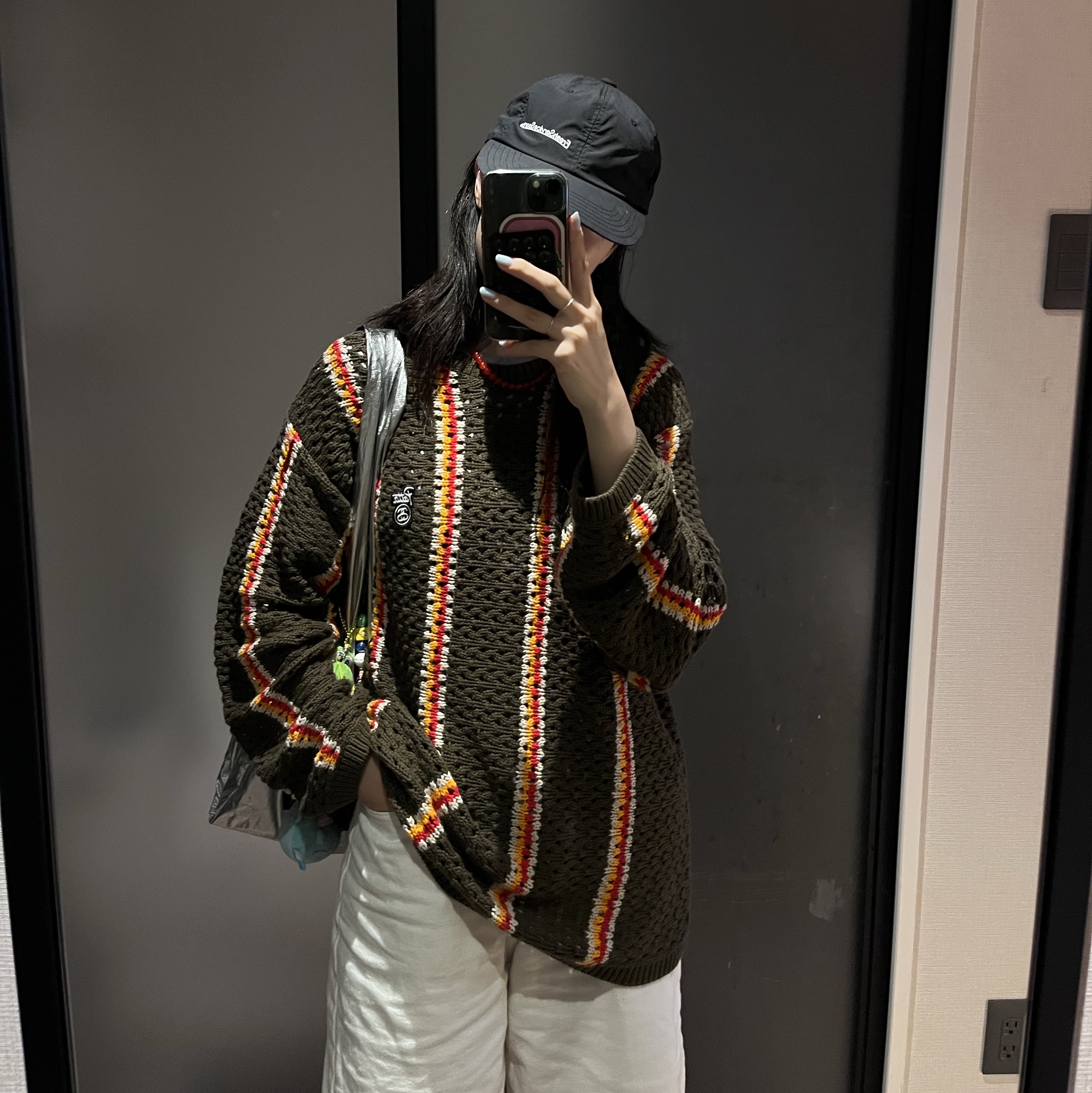 Stussy x Patta Striped Loose Gauge Sweater Olive, Palace Palace Shop Reusable Bag Silver - 22FW 착용 스타일 - 1