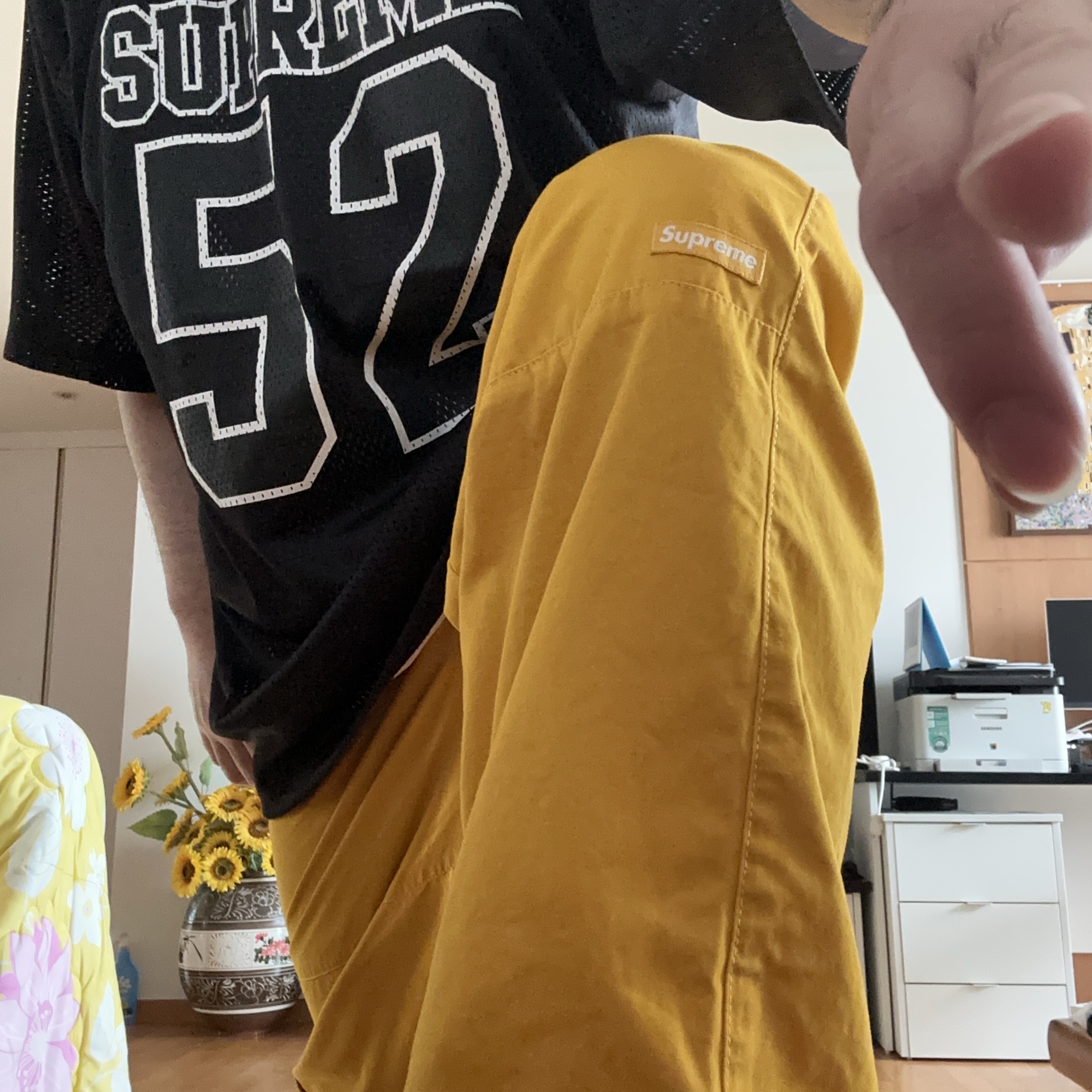 Supreme Spiderweb Football Jersey Black - 24SS, Supreme Cotton Cinch Pant Yellow - 24SS 착용 스타일