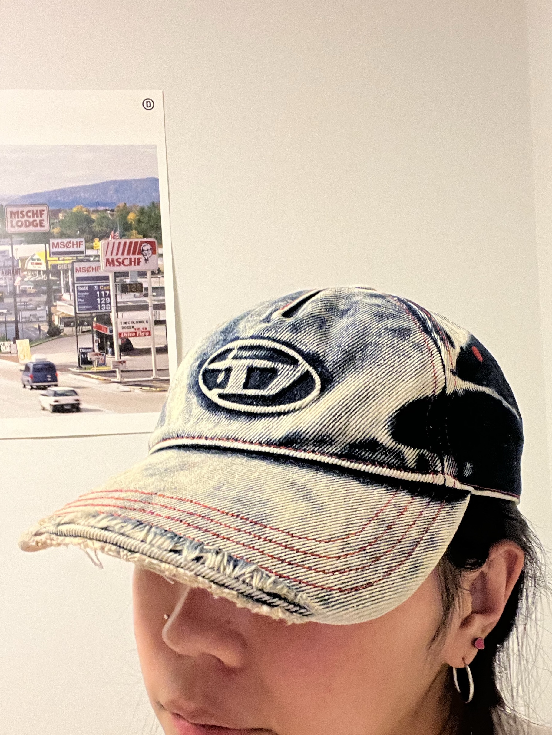 Diesel C-Seymon Treated Denim Baseball Cap Blue White 착용 스타일