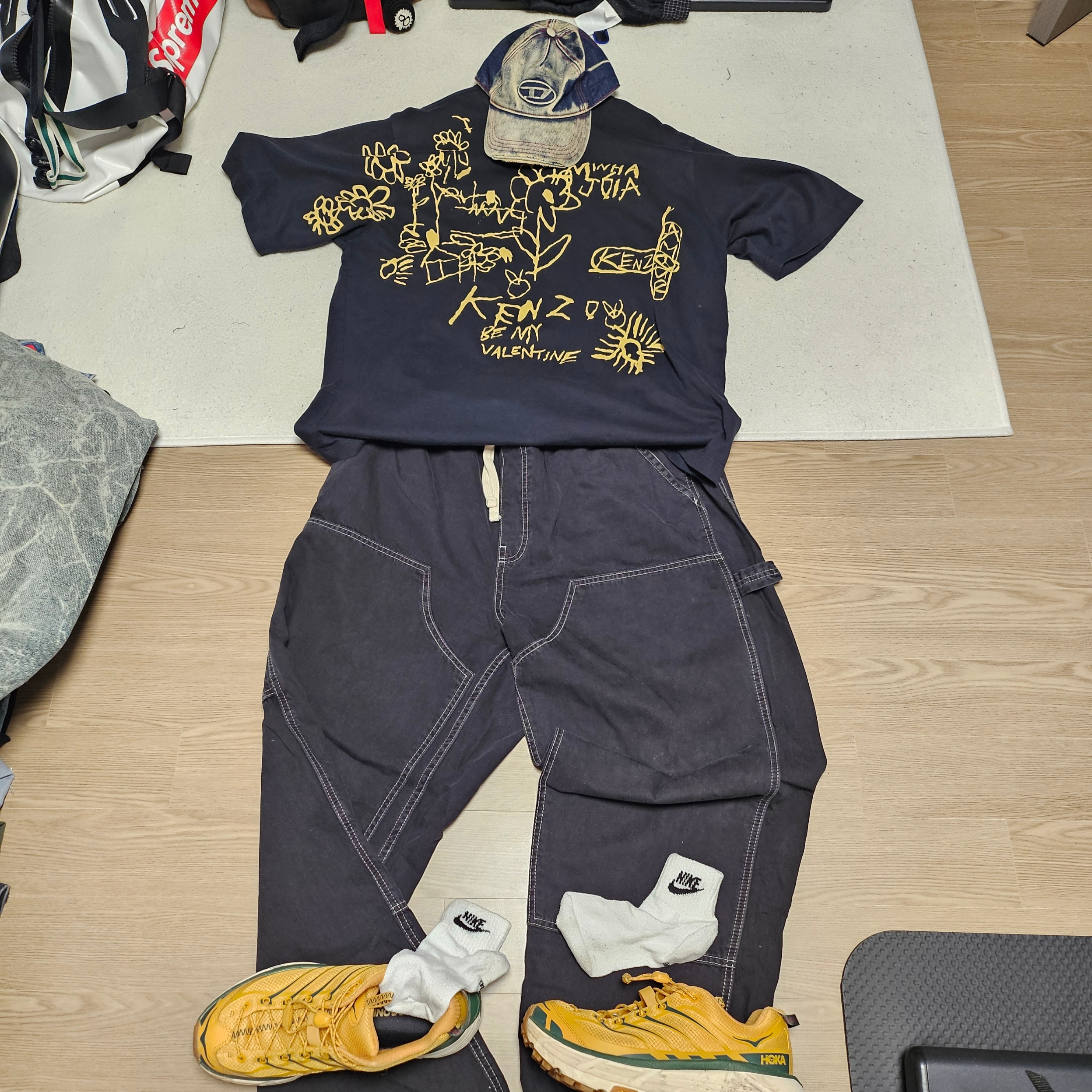 Diesel C-Seymon Treated Denim Baseball Cap Blue White, Hoka Mafate Three 2 Golden Yellow Eggnog 착용 스타일 - 2