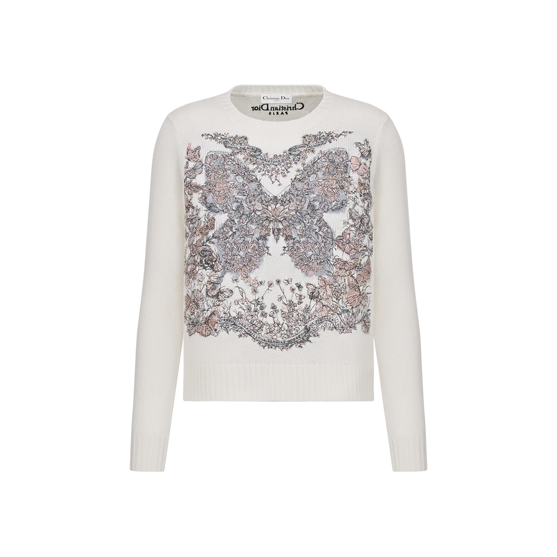 (W) Dior Embroidered Sweater Ecru Cashmere Knit Pastel Pink Butterfly Around The World Motif 상세 이미지 1