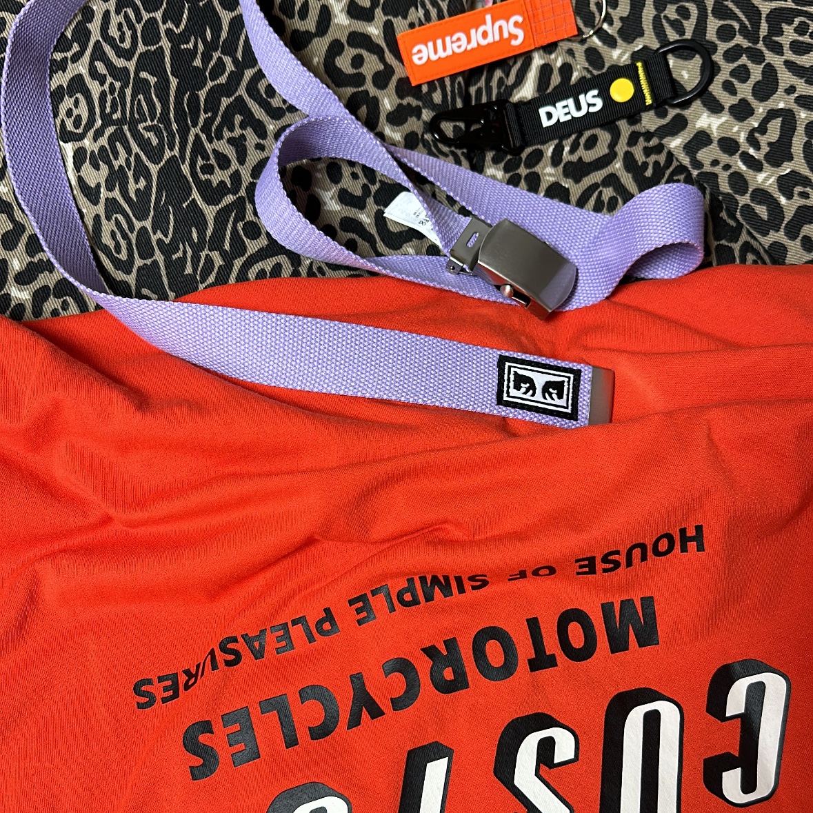 Obey Big Boy Web Belt Lavender Silk, Supreme Ripstop Keychain Orange - 24SS 착용 스타일