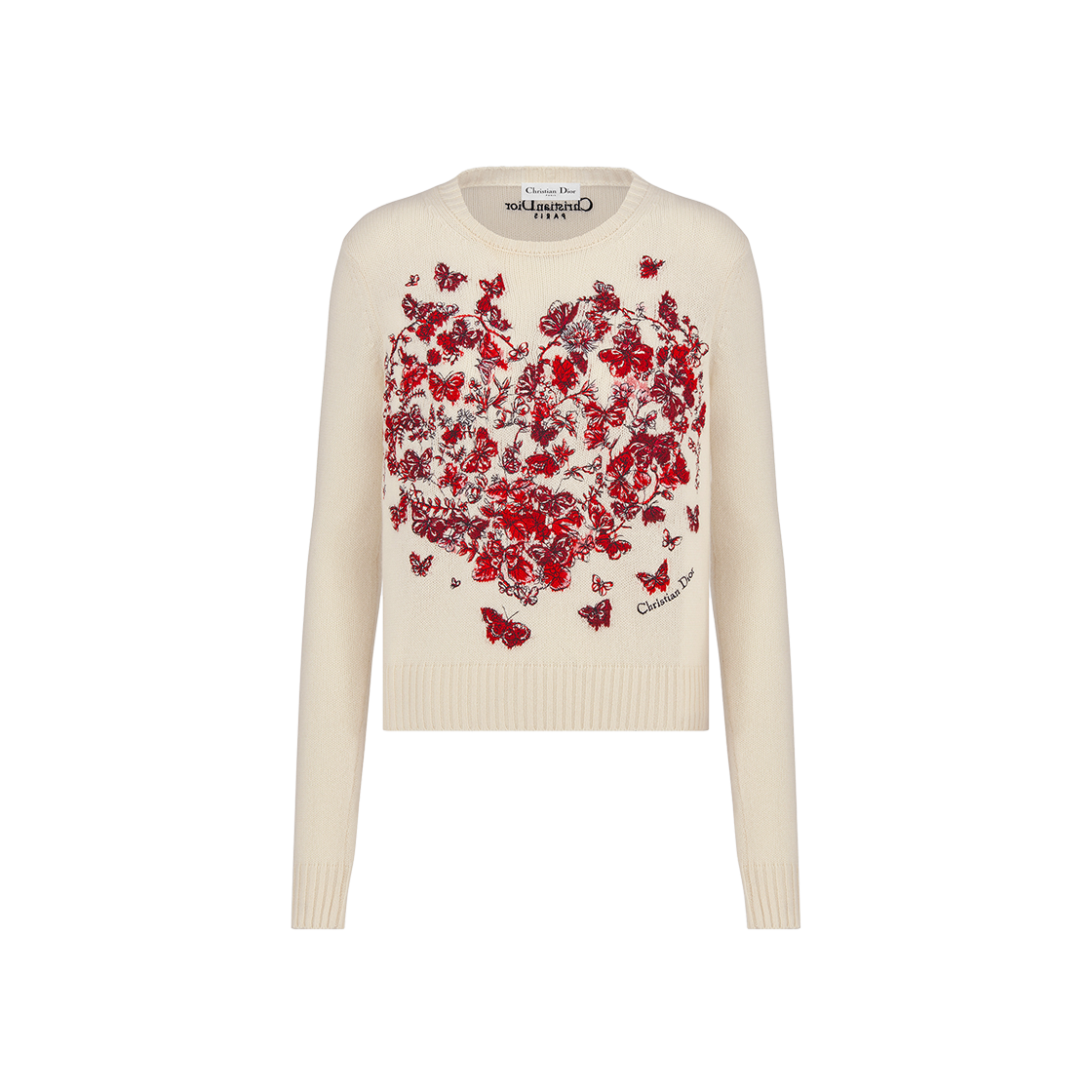 (W) Dior Embroidered Sweater Ecru Red Cashmere Knit Le Coeurs Papillons Motif 상세 이미지 1