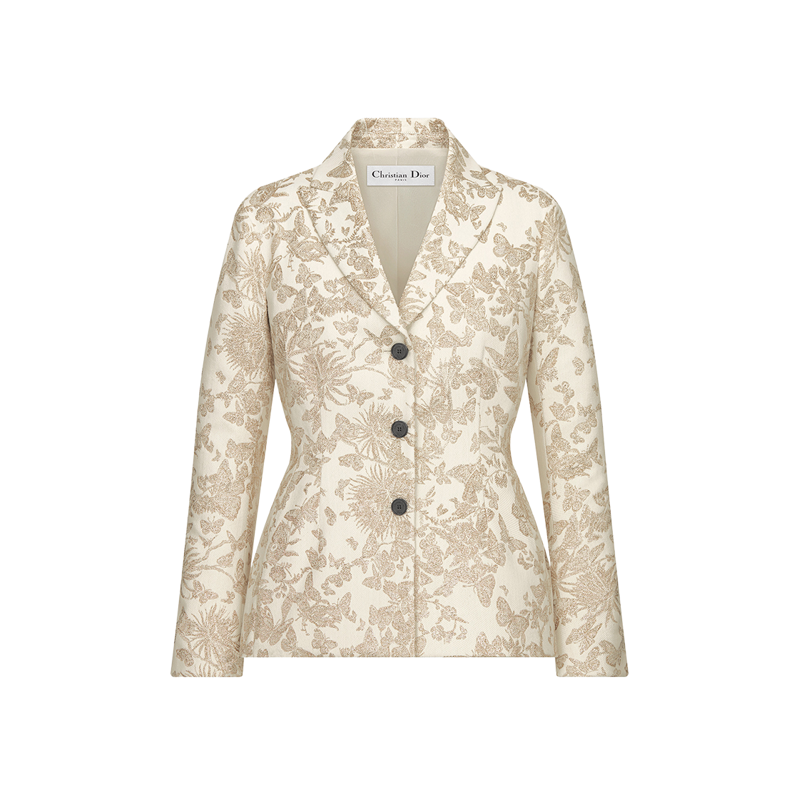 (W) Dior Fitted Jacket White Technical Jacquard Gold Tone Allover Butterfly Motif 상세 이미지 1