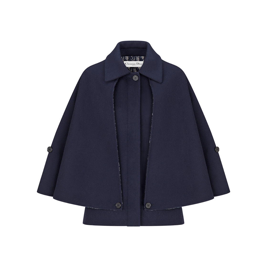 (W) Dior Cape-Effect Peacoat Navy Blue Double Sided Virgin Wool Silk Oblique Interior 상세 이미지 1