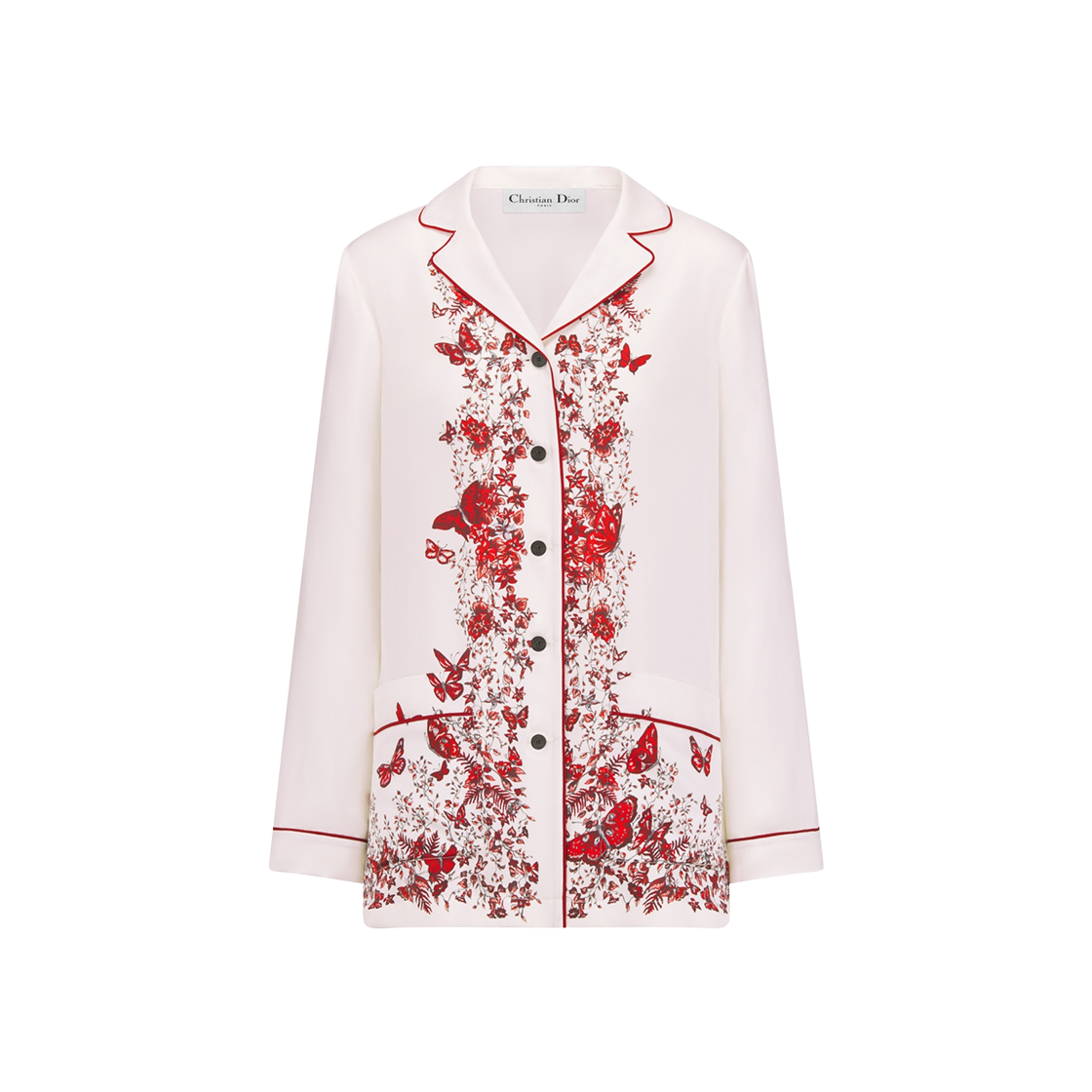 (W) Dior Shirt White Red Silk Twill Le Coeurs Papillons Motif 상세 이미지 1