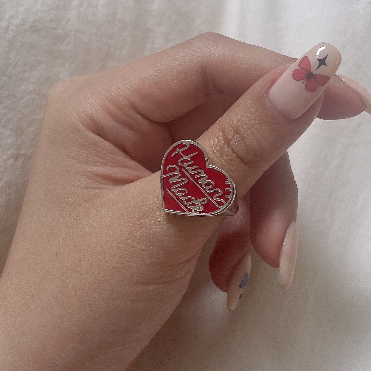 Human Made Heart Silver Ring Red 착용 스타일