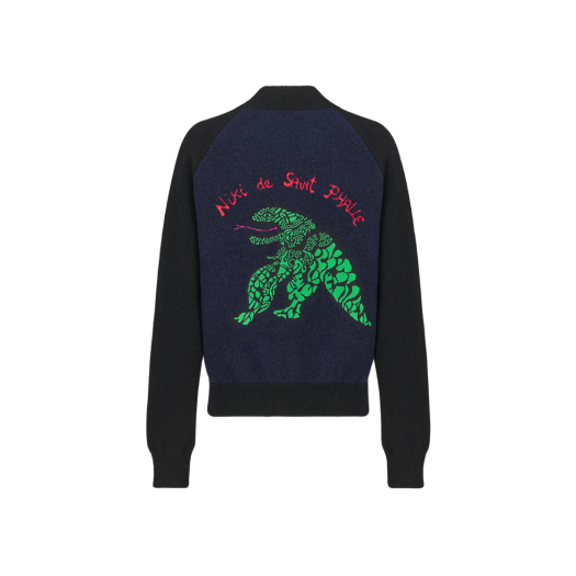 (W) Dior Bomber Jacket Navy Blue Technical Virgin Wool Knit Green Dragon Motif
