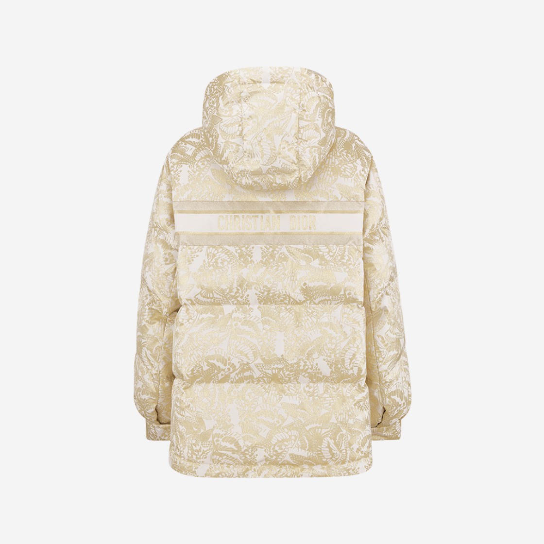 (W) Dior Dioralps Hooded Puffer Jacket White Quilted Technical Taffeta Gold Tone Allover Butterfly Motif 상세 이미지 2