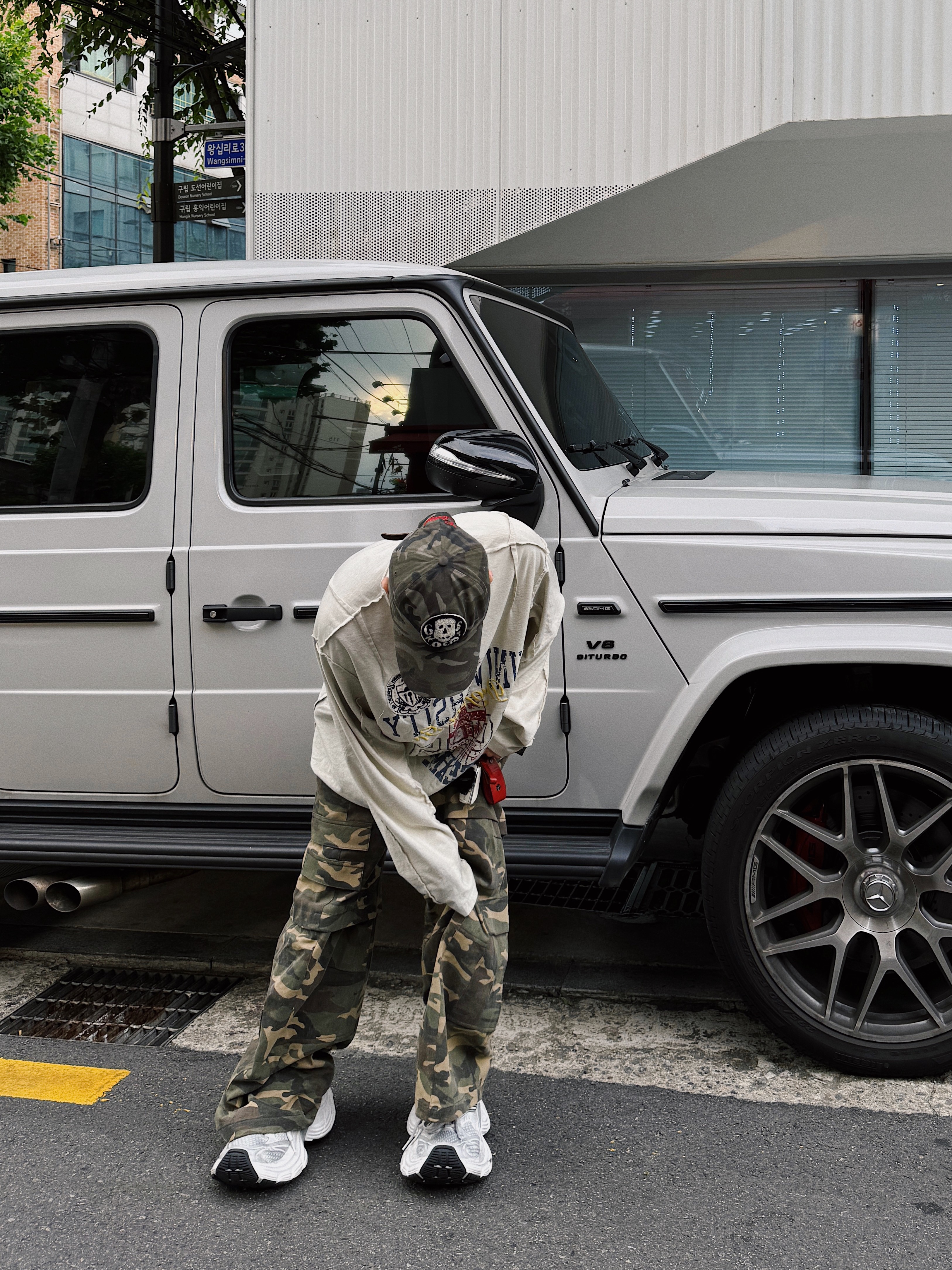 ETCE Ghost Cap Brown Camo, Project G/R Inside Out Long Sleeve Grey 착용 스타일 - 5