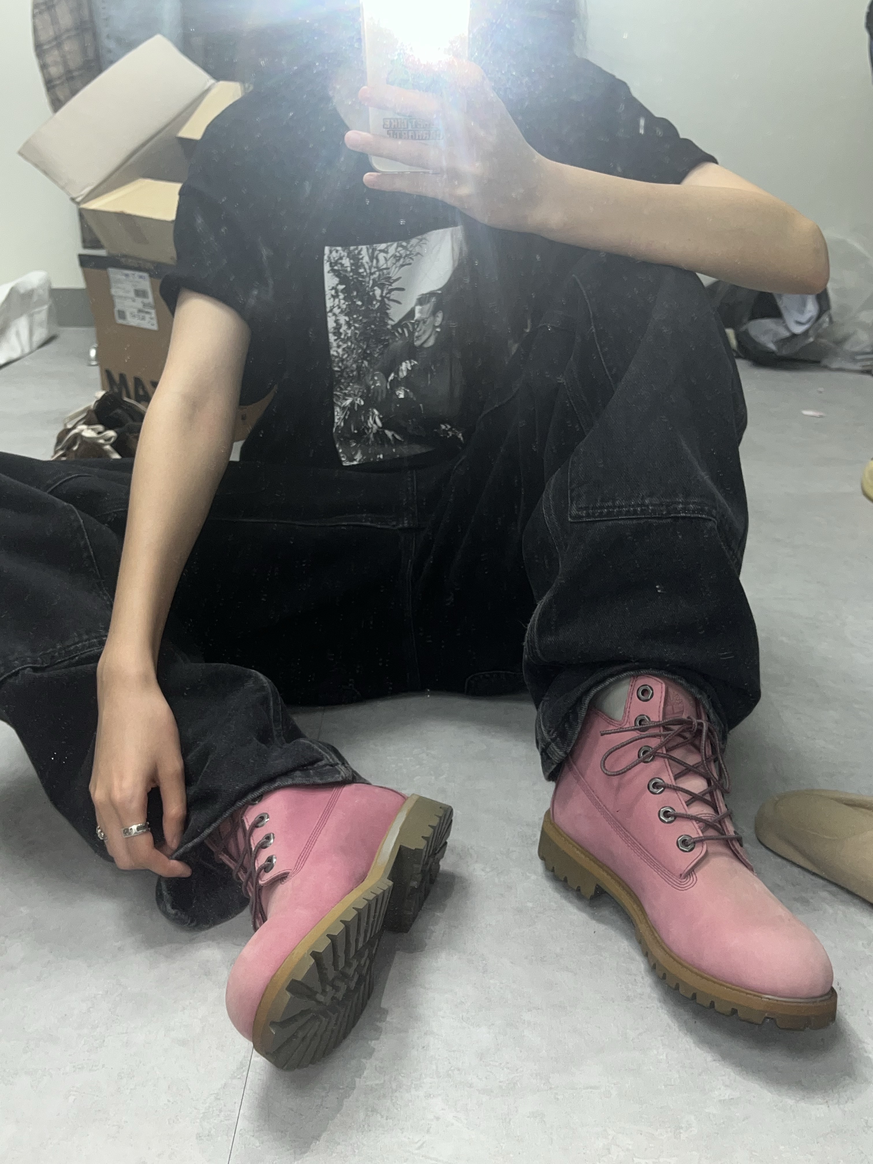 Carhartt WIP Fairfield Denim Double Knee Pants Black Stone Washed, Timberland Premium 6 inch Waterproof Boot Wheat Nubuck - Wide 착용 스타일 - 1