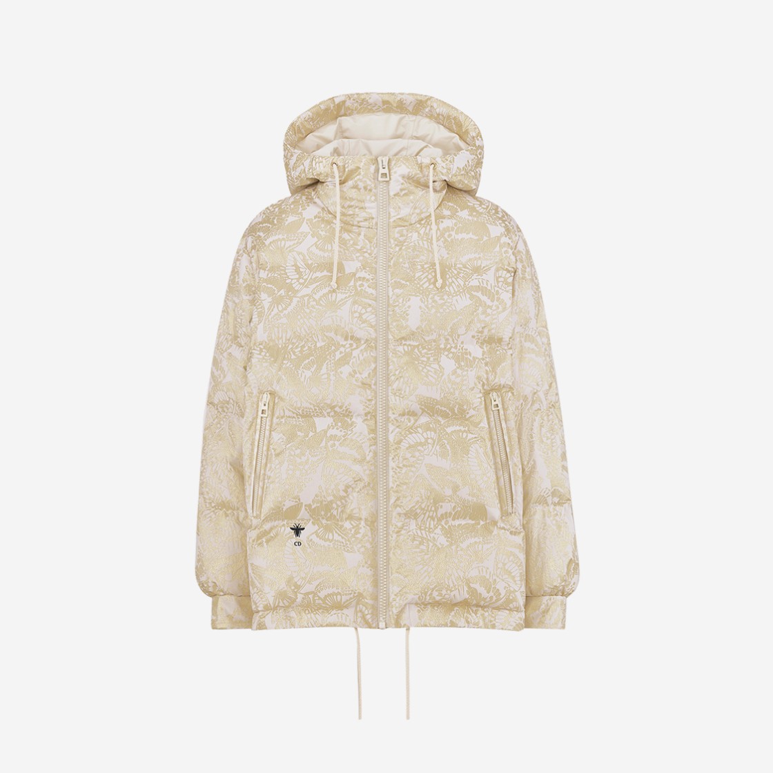 (W) Dior Dioralps Hooded Puffer Jacket White Quilted Technical Taffeta Gold Tone Allover Butterfly Motif 상세 이미지 1