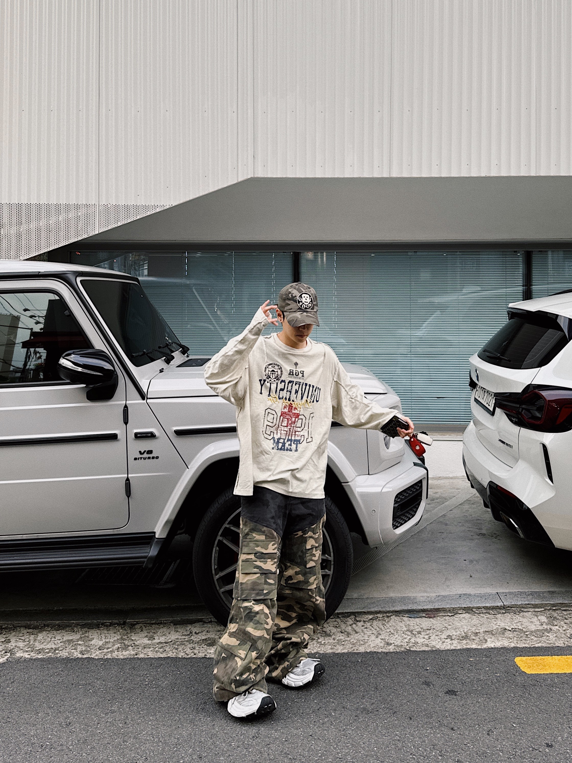 ETCE Ghost Cap Brown Camo, Project G/R Inside Out Long Sleeve Grey 착용 스타일 - 2