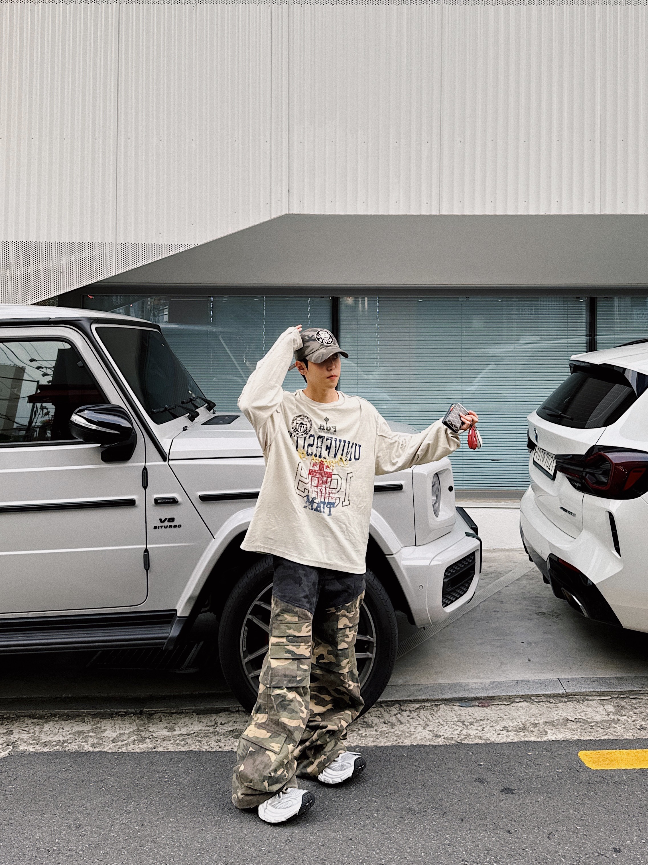 ETCE Ghost Cap Brown Camo, Project G/R Inside Out Long Sleeve Grey 착용 스타일 - 1