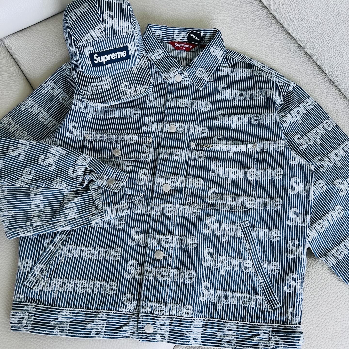 Supreme Denim Chore Trucker Jacket Stripe - 24SS, Supreme Denim Camp Cap Stripe - 24SS 착용 스타일 - 1