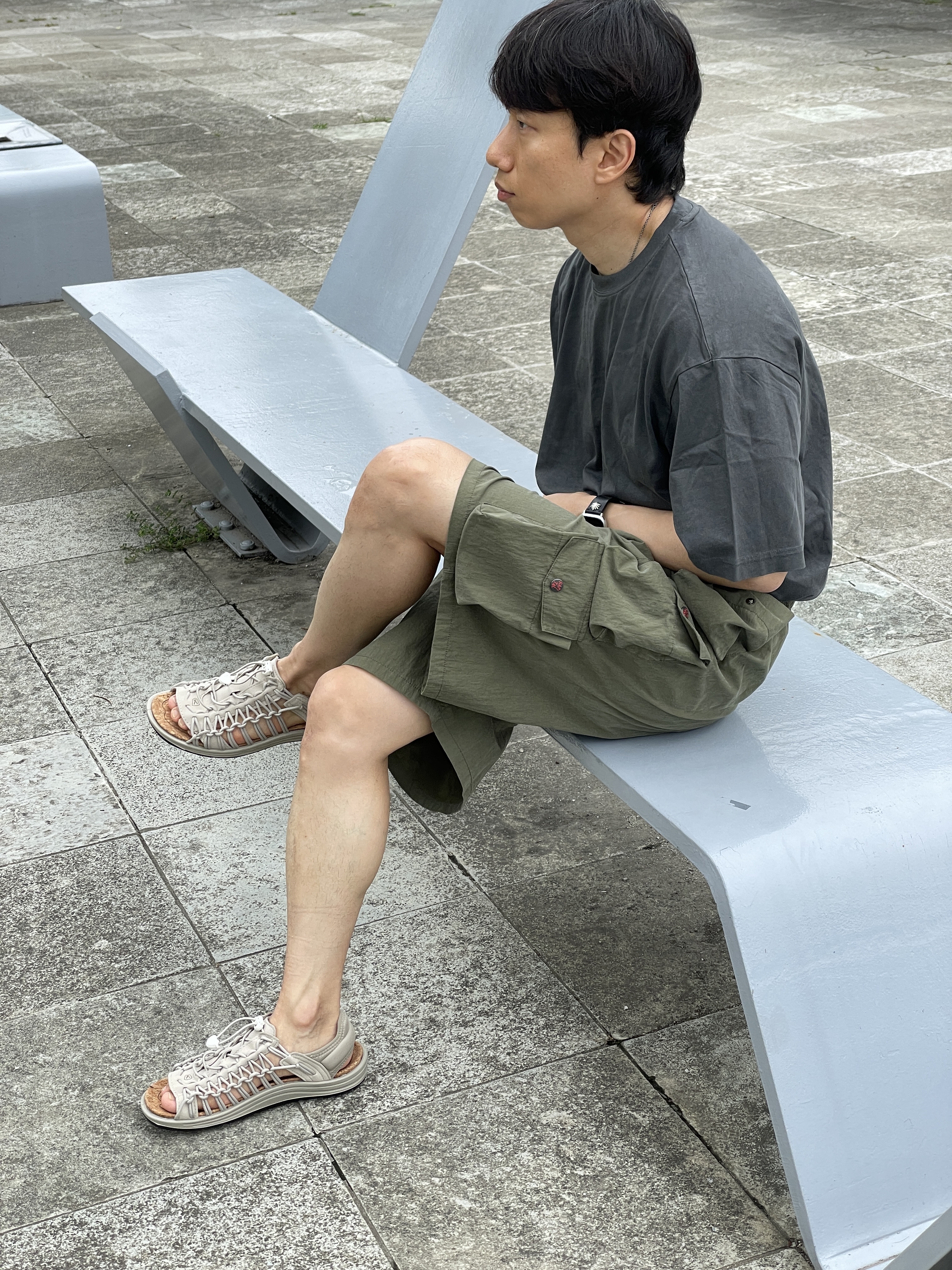 Kapital Ripstop Nam Shorts Khaki 착용 스타일 - 4