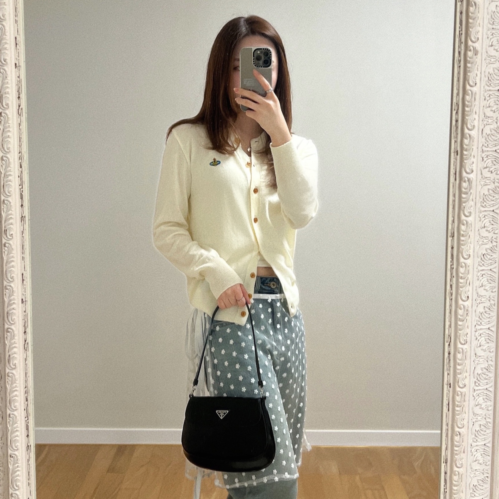 Prada Cleo Brushed Leather Shoulder Bag with Flap Black, (W) Vivienne Westwood Bea Cardigan Cream 착용 스타일