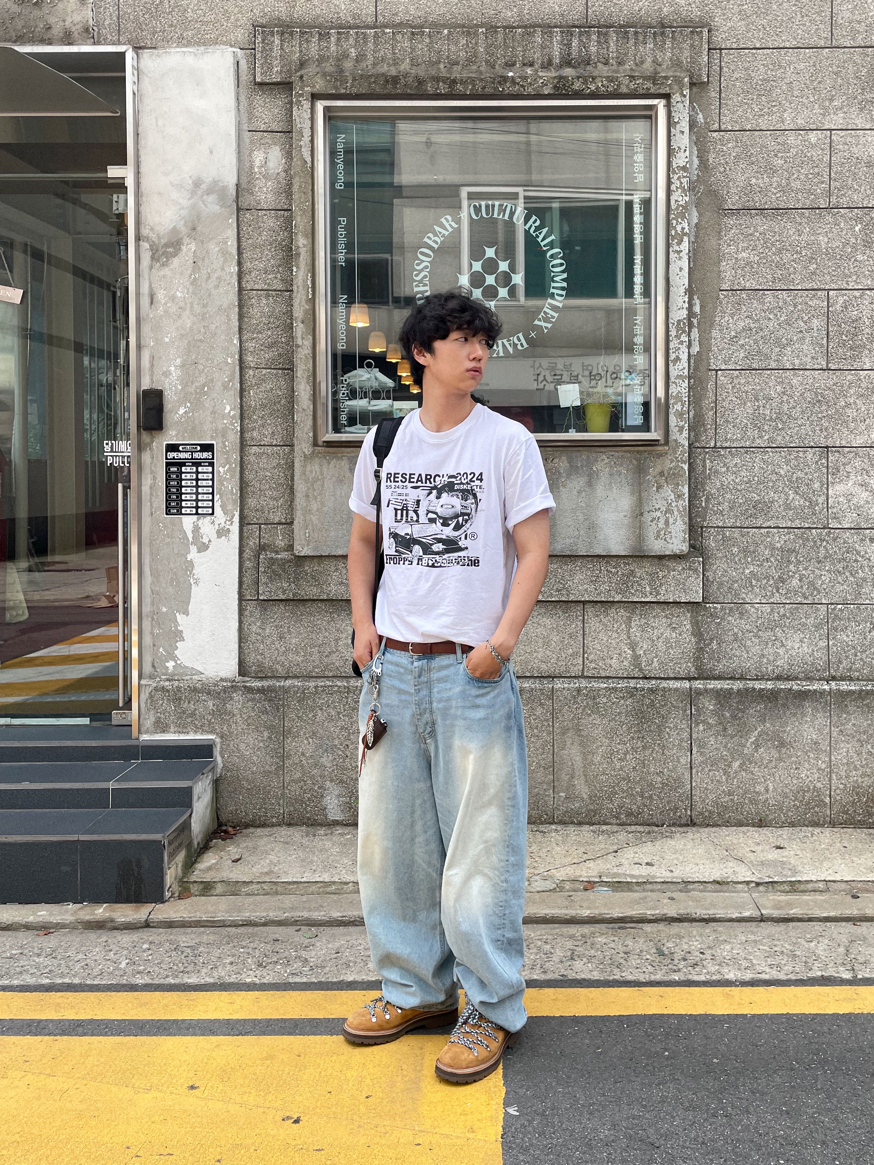 Undermycar Mu.31 Anti Fxxking Logo Play Brush Washed Wide Jeans Sky Blue 착용 스타일 - 5