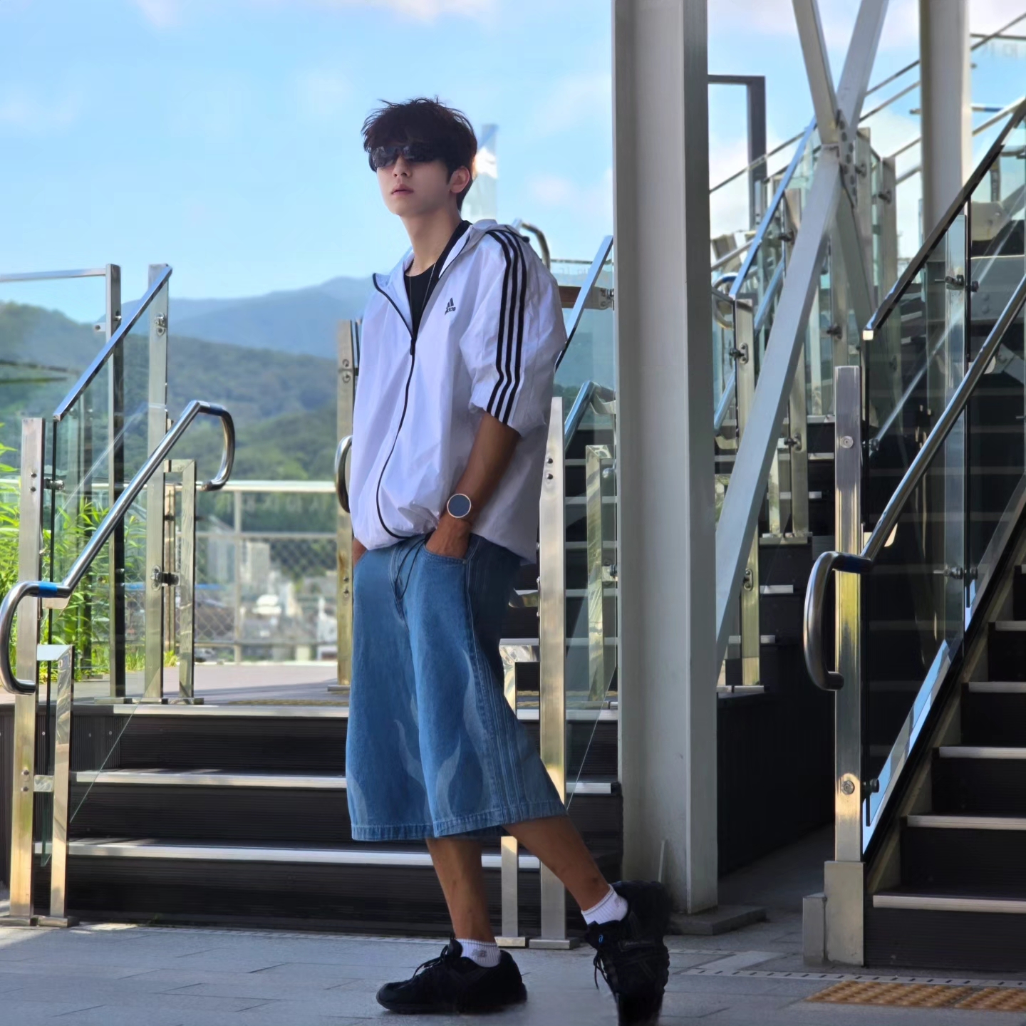 Adidas Flames Denim Shorts Blue - KR Sizing, Adidas Flames Denim Shorts Blue - US Sizing 착용 스타일 - 10