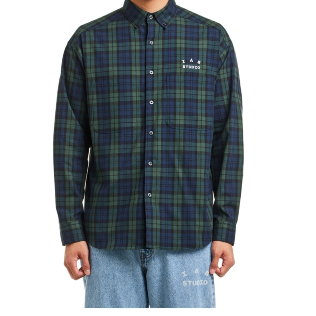 IAB Studio Blackwatch Tartan Shirt Blue Green 착용 스타일