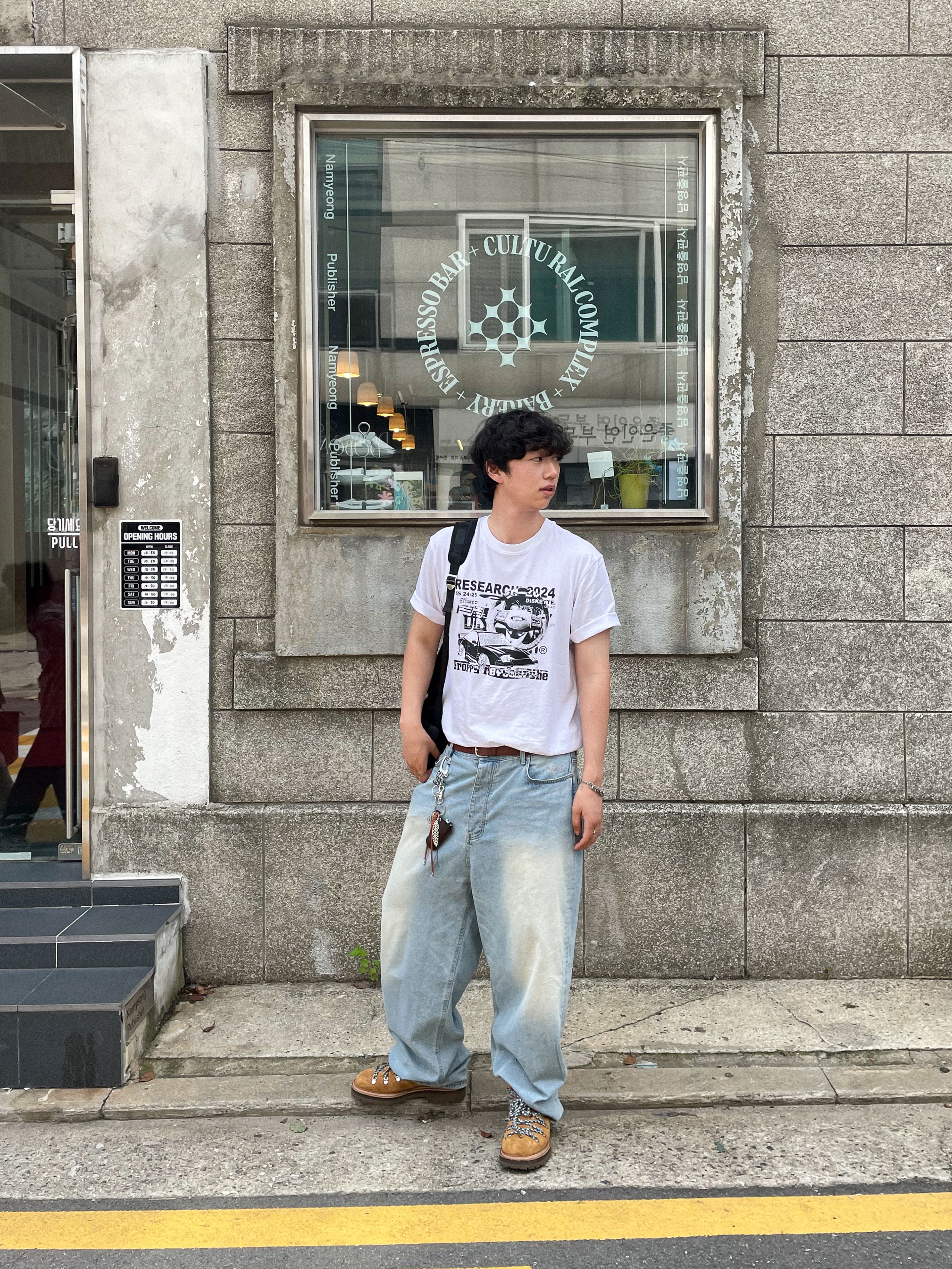 Undermycar Mu.31 Anti Fxxking Logo Play Brush Washed Wide Jeans Sky Blue 착용 스타일 - 3