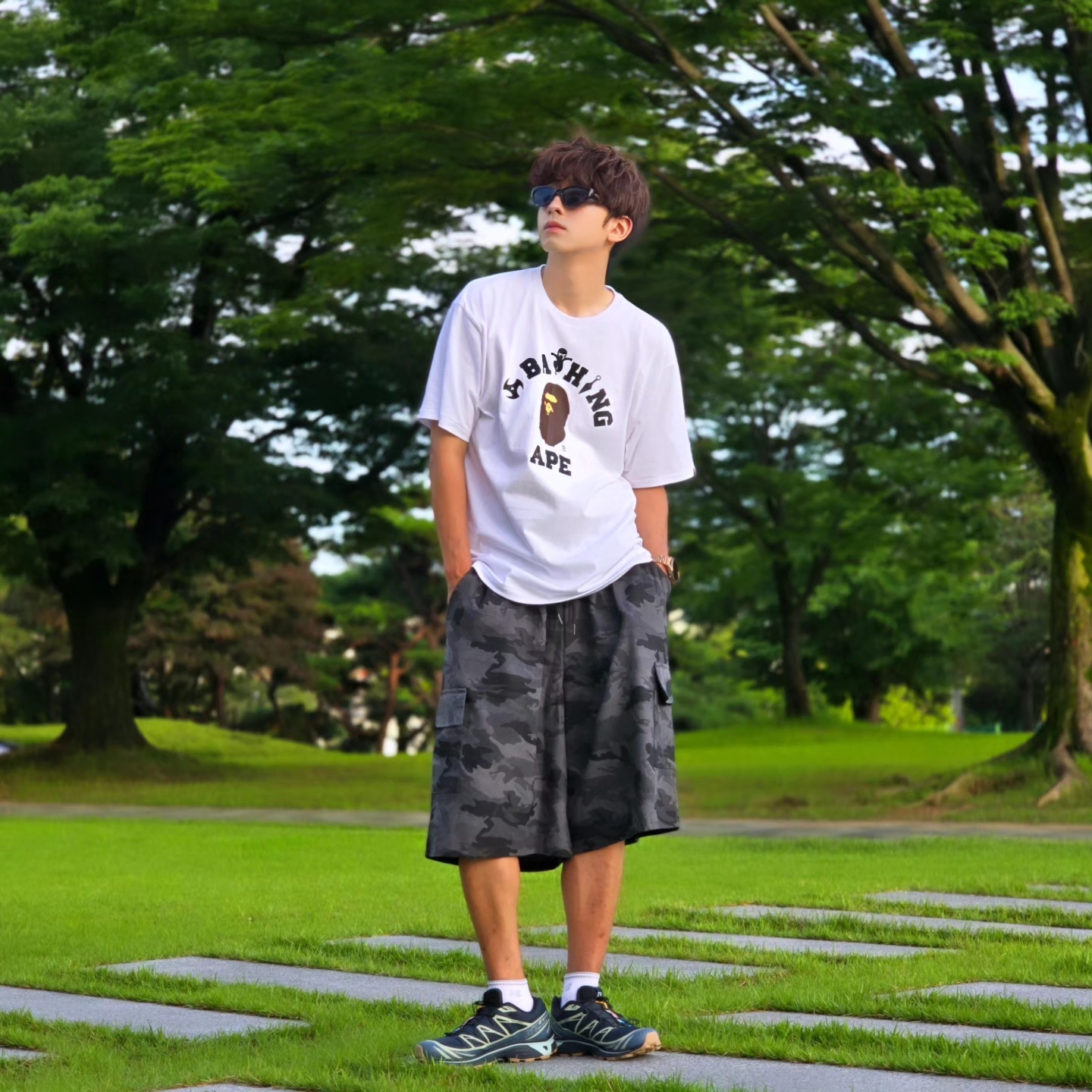 BAPE Ninja College T-Shirt White, Salomon XT-6 GTX Carbon Bering Sea 착용 스타일 - 2