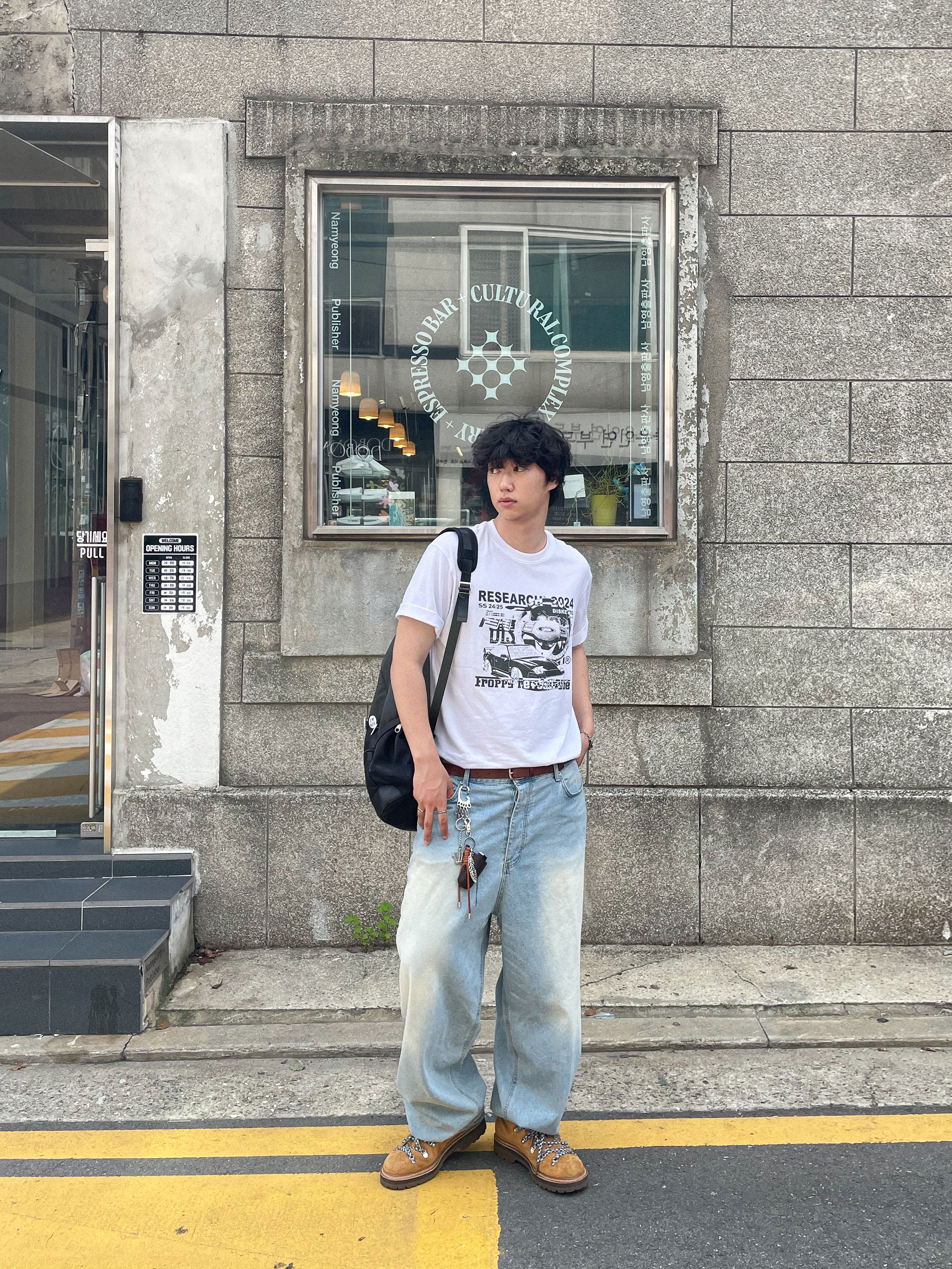 Undermycar Mu.31 Anti Fxxking Logo Play Brush Washed Wide Jeans Sky Blue 착용 스타일 - 2