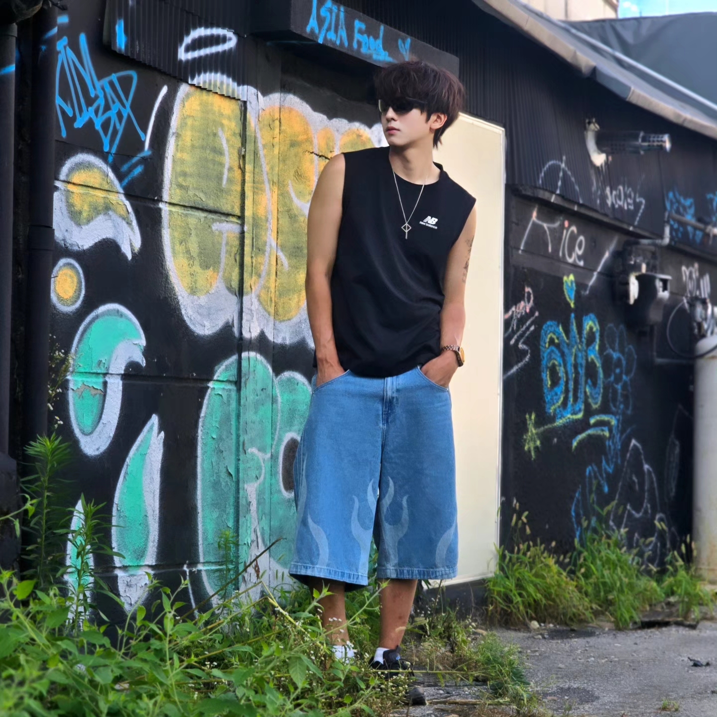 Adidas Flames Denim Shorts Blue - KR Sizing, Adidas Flames Denim Shorts Blue - US Sizing 착용 스타일 - 3
