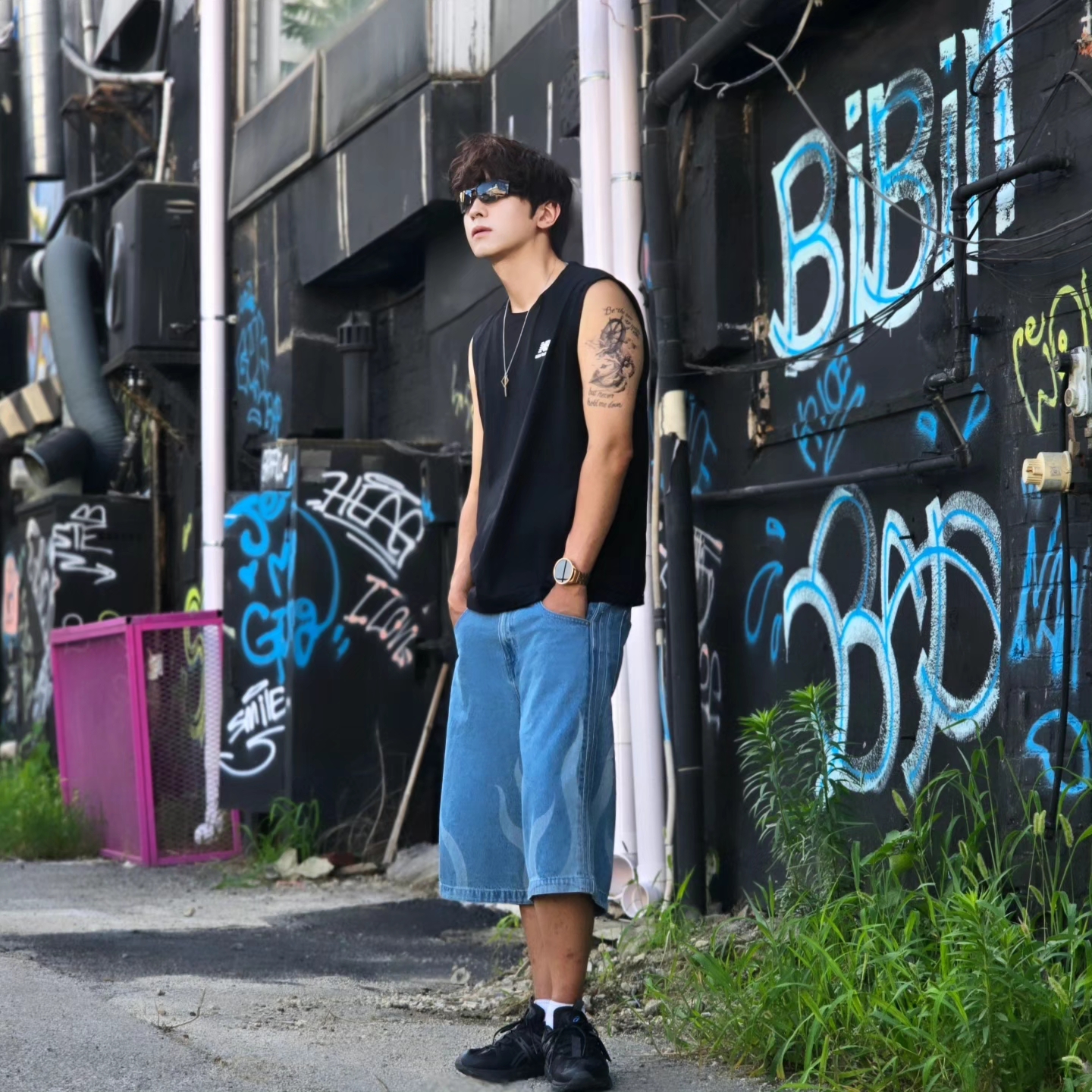 Adidas Flames Denim Shorts Blue - KR Sizing, Adidas Flames Denim Shorts Blue - US Sizing 착용 스타일 - 4