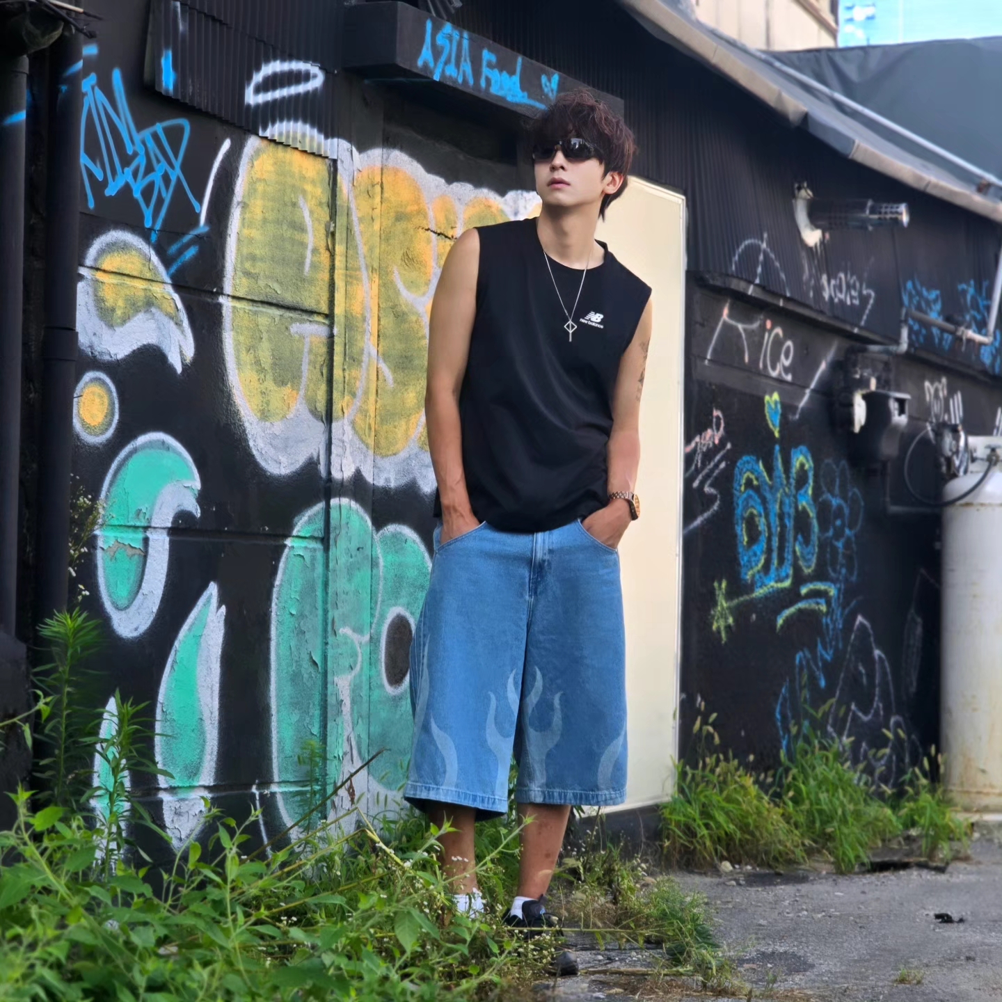 Adidas Flames Denim Shorts Blue - KR Sizing, Adidas Flames Denim Shorts Blue - US Sizing 착용 스타일 - 1