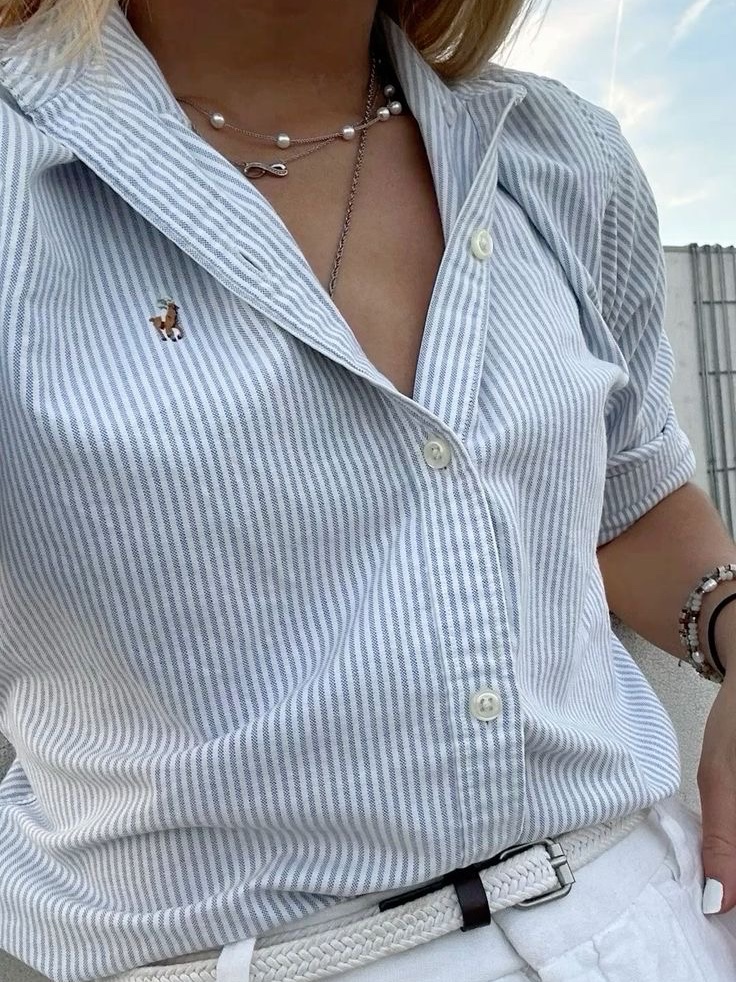 Polo Ralph Lauren Custom Fit Striped Oxford Shirt Blue 착용 스타일